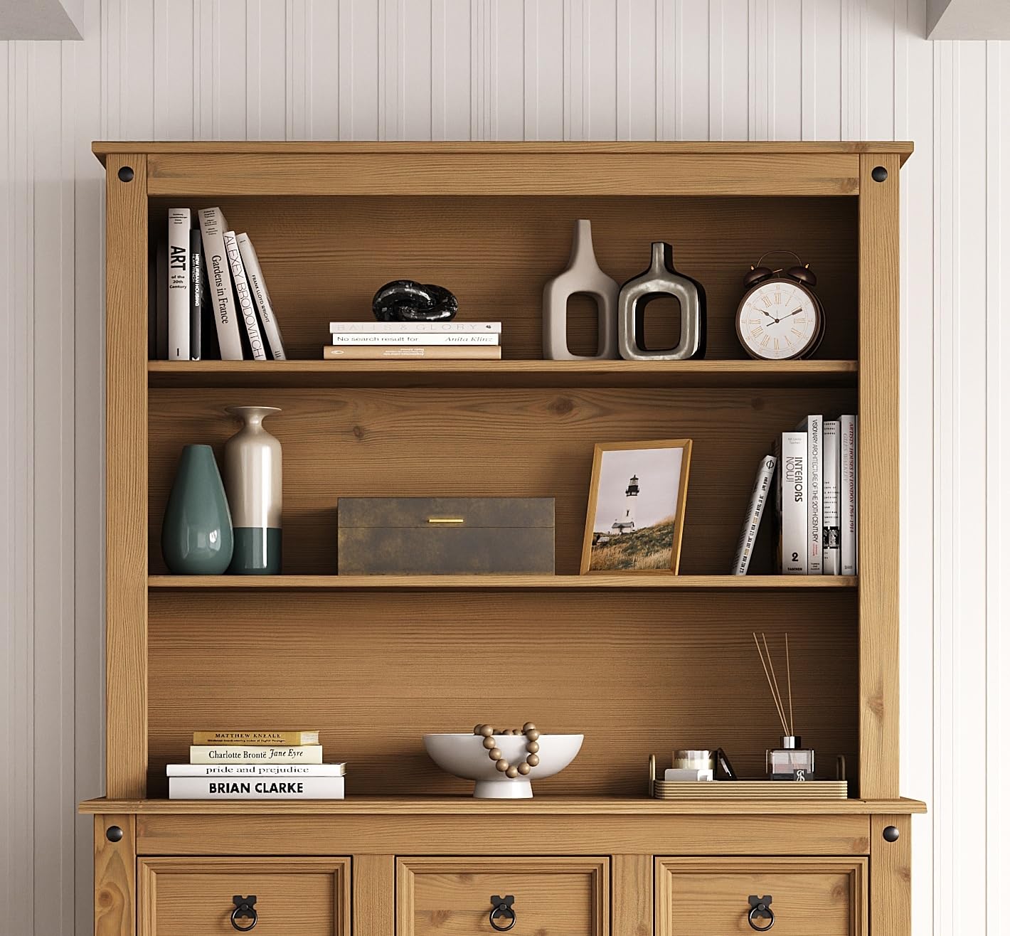 Corona Sideboard Hutch Solid Wood Pine Welsh Dresser Top Large – Mexican Style with Open Shelves Rustic Wooden Display & Storage Unit