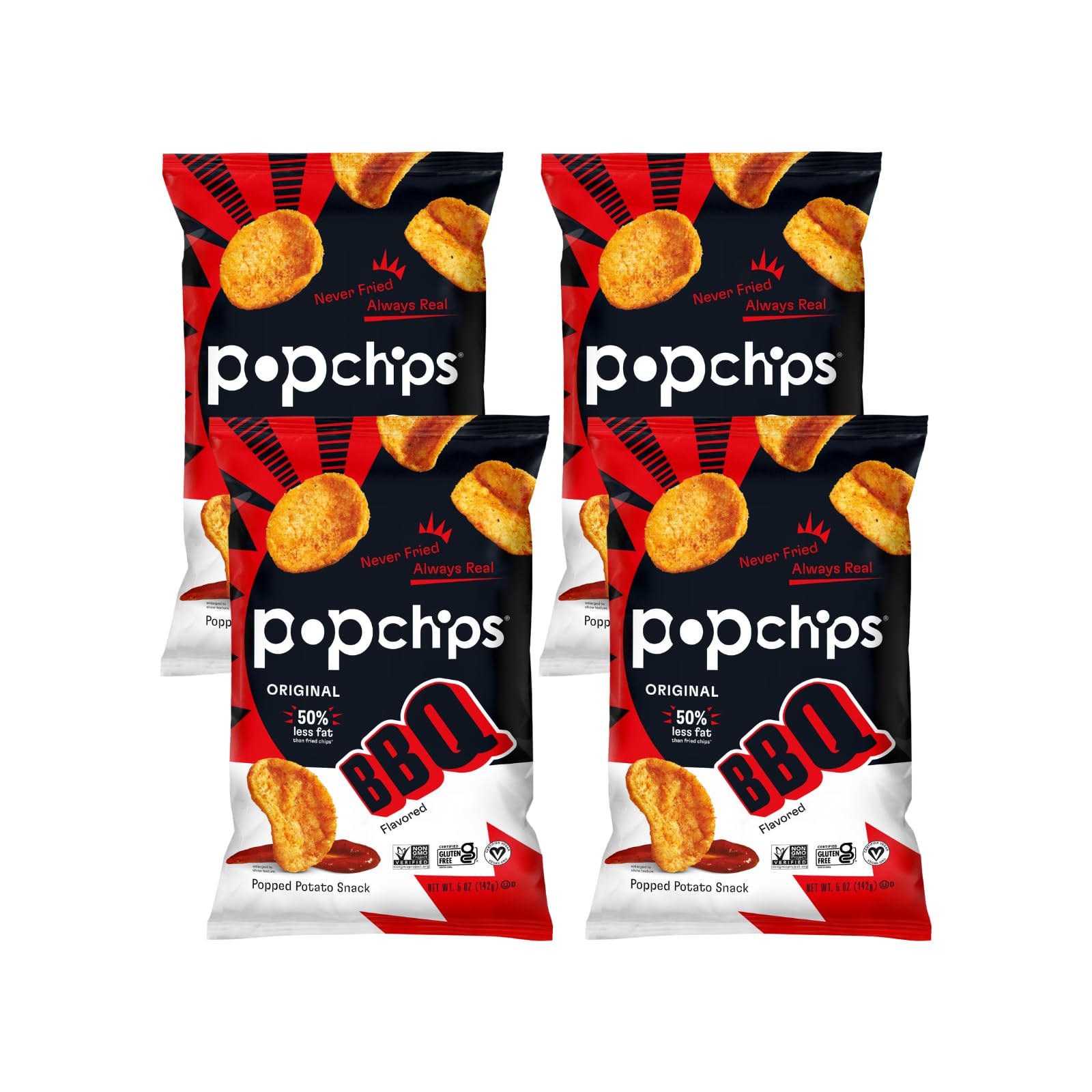 Potato Chips, BBQ, 4ct 5.0oz Share Bags, Low-Calorie and Gluten Free, Salty Snacks for Adults and Children, Non-GMO, Vegan & Kosher Friendly, 130 Calories Per Serving