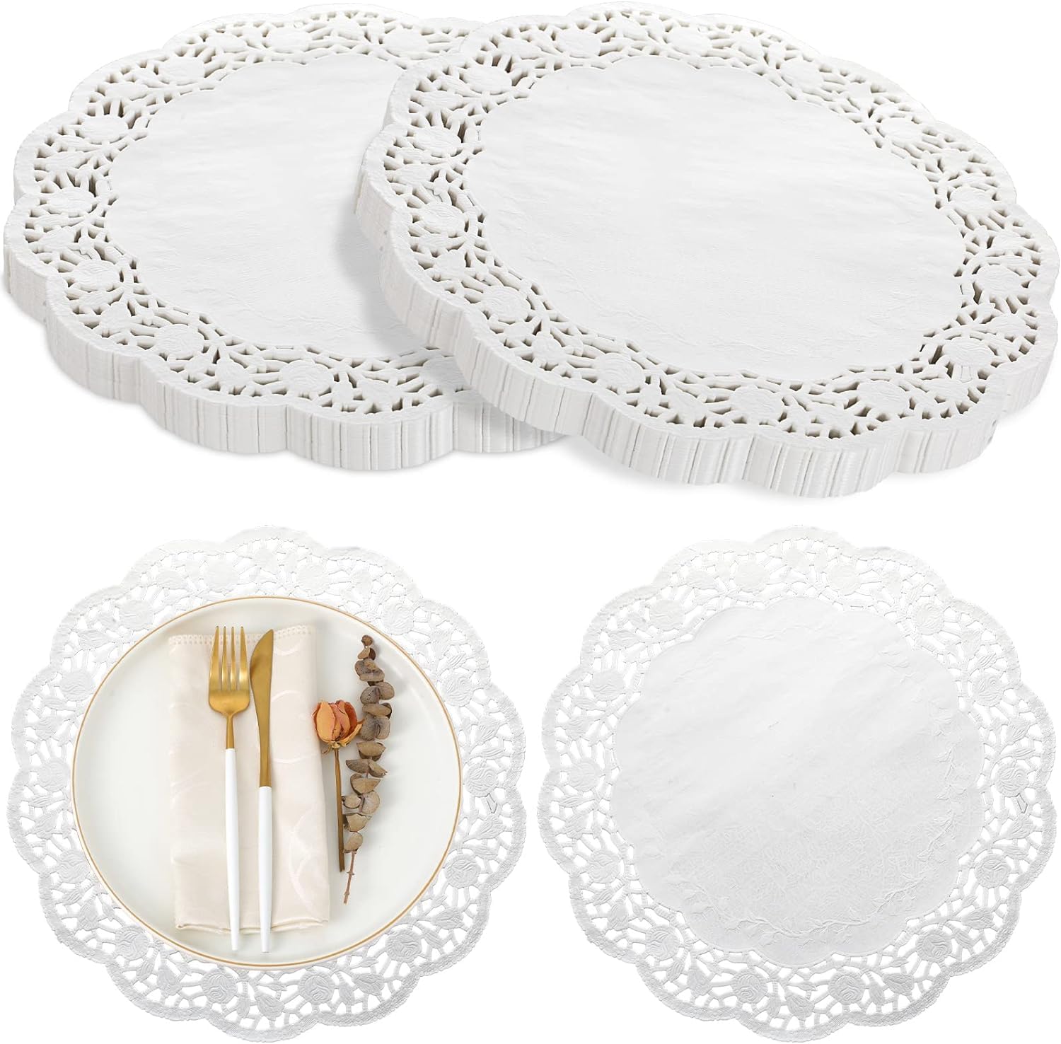 BAKEFY-Paper Doilies - Round White Royal Lace Doily - Elegant and Versatile for Formal Events, Buffets, Dessert Displays, Parties, Vases, Weddings (100 Piece -, White)