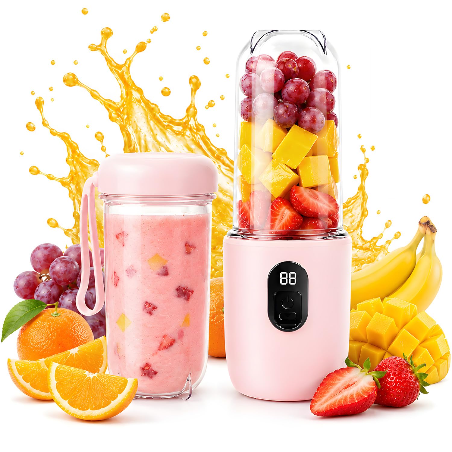Mini Licuadora Portatil, 500 ml Mini Batidora Portatil con Pantalla Led, 16 Cuchillas Licuadora Portatil Recargable con Tapa de Viaje, Smoothie Maker para Batidos de Jugo y Batidos, Rosa