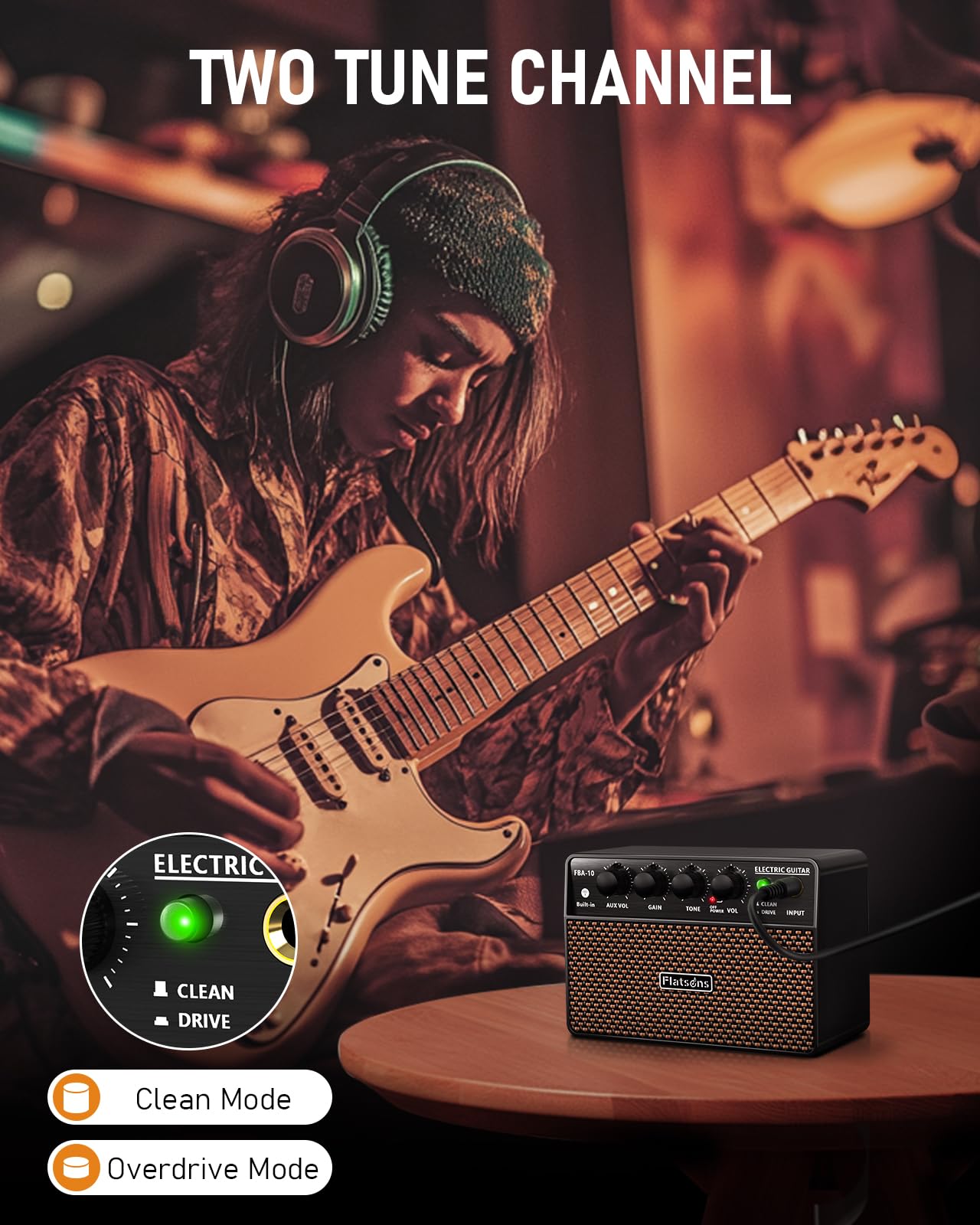 Flatsons FBA-10 Guitar Amp, 10W Mini Electric Guitar Amplifier with Clean/Drive Channel, 6H Working, USB-C Rechargeable, 3.5mm Headphone/AUX Jack, Wireless Portable Amp for Indoor Practice, Small Gig - Image 4