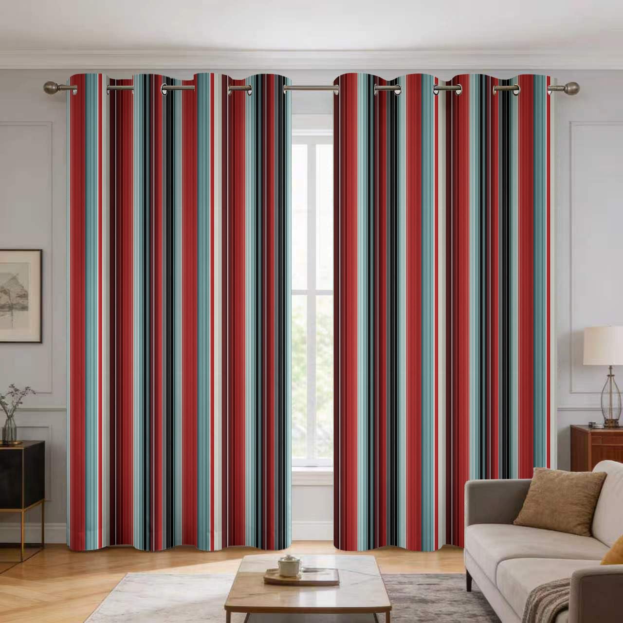 Rideau occultant vintage rayures bleues rouges | Lot de 2 draperies decoration chambre et salon