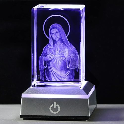 Miniatura 8 de YWHL Figura 3D de cristal sagrado corazón de Jesús con base de luz colorida, grabada con láser, estatuas religiosas clásicas, regalos para mujeres y