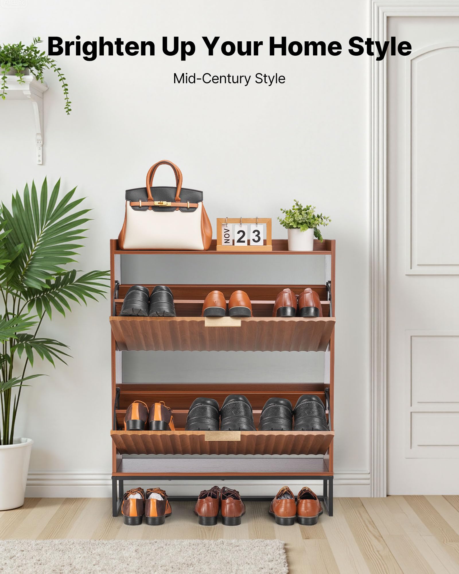 VEVOR Meuble à Chaussures avec 2 tiroirs rabattables, Armoire de Rangement cannelé à Chaussures de Style Milieu de siècle avec Dispositif Anti-basculement, pour entrée, Couloir, Chambre, Salon, Noyer