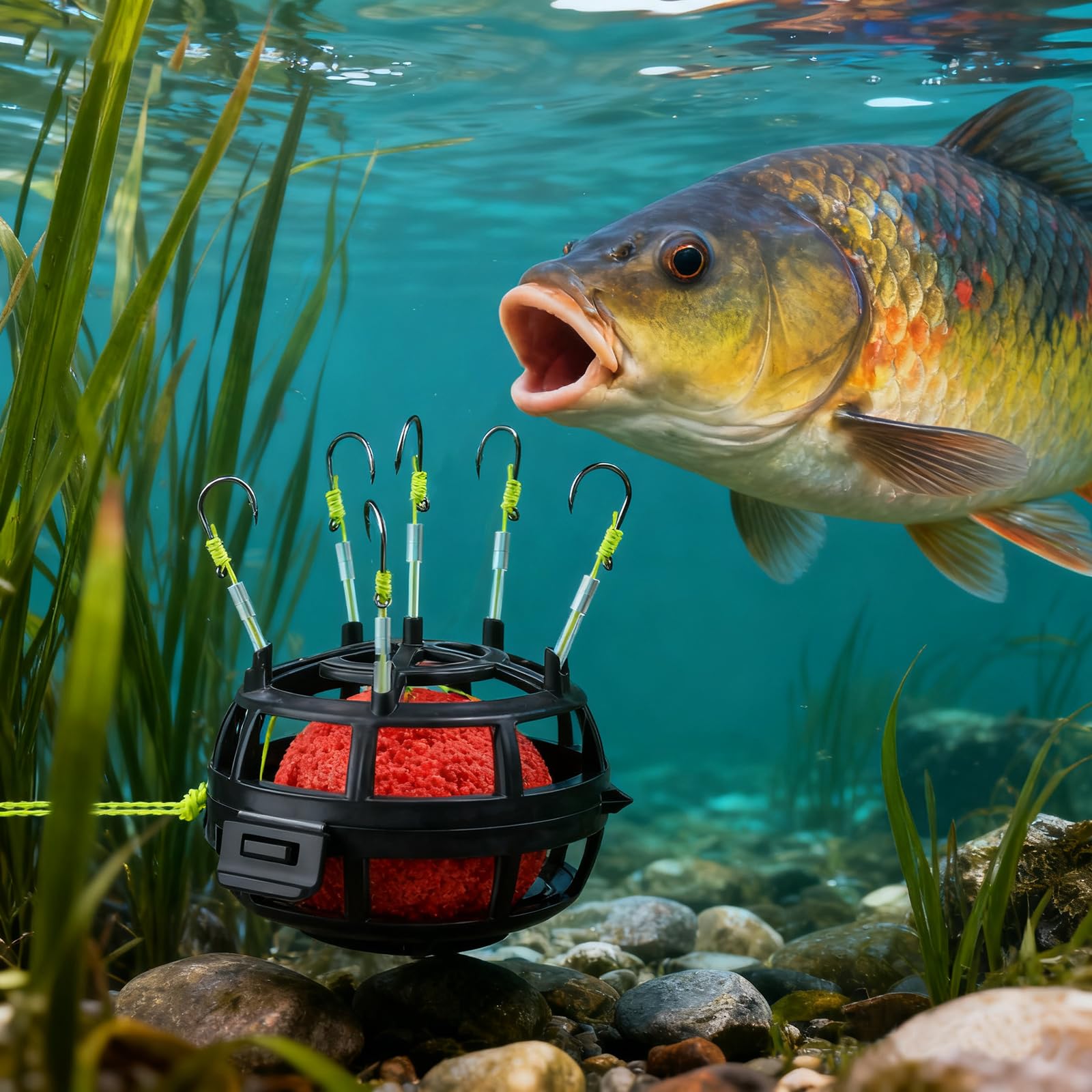 Zestaw 6 haczyków wędkarskich, koszyczek na przynętę z obrotem 360°, przynęty na pstrąga, przynęty na karasia, tilapia i ryby słodkowodne, akcesoria wędkarskie, koszyczek na przynętę do wędkowania na