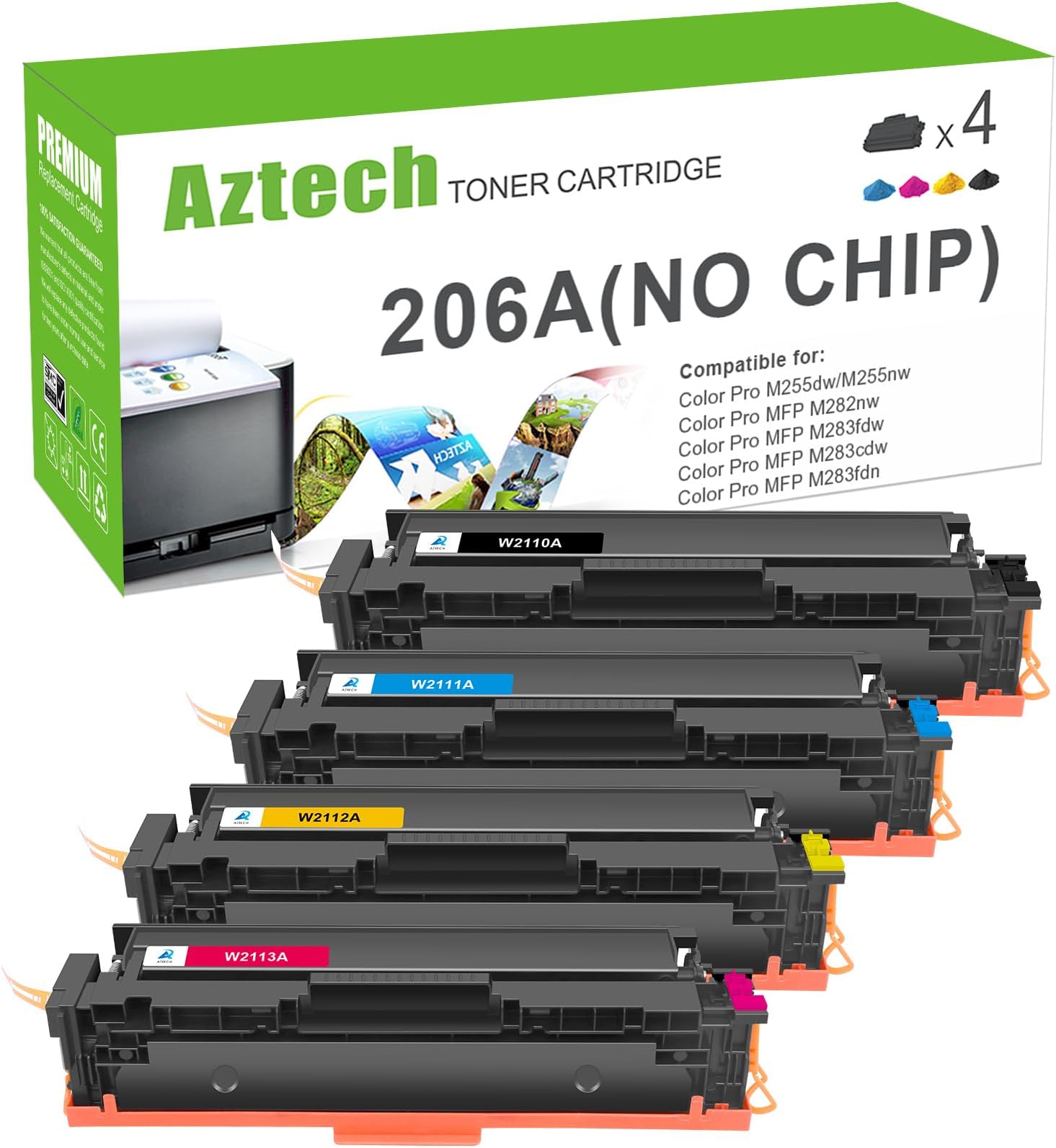 AztechCompatible Toner Cartridge Replacement for HP 206A W2110A 206X W2110X for HP Color Laserjet Pro MFP M283FDW M255DW M283CDW M283 M255 Printer Ink (Black Cyan Yellow Magenta, 4-Pack)