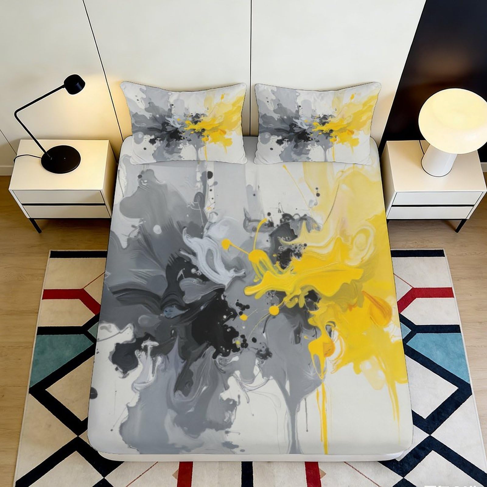 3D Printed Abstract Yellow Grey Fitted Sheet Microfiber Durable Soft 3D Printed Splash Mattress Cover for Bedroom Dorm Dormitory Guest Room Use 180x200x25cm