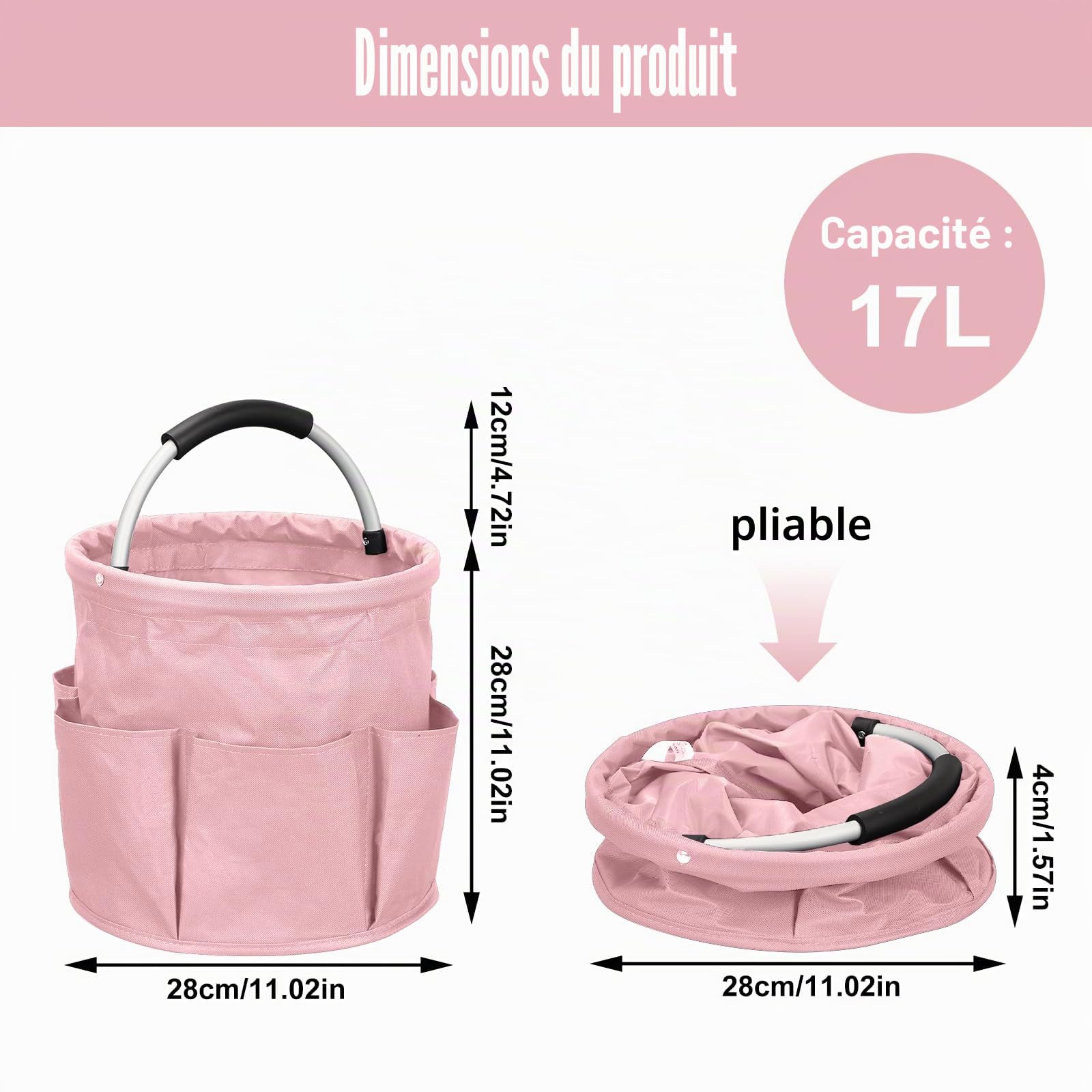 17L Panier pour Produit de Nettoyage, Organisateur de Nettoyage, Panier de Nettoyage avec Poignée et Multi-Poches, Oxford 600D Rangement Produits Menagers pour Jardin, Salle De Bain (Noir)