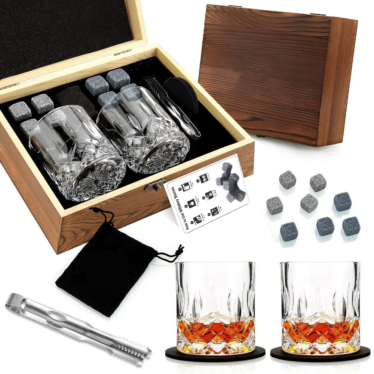 Whisky Glass Gift Set for Men:2 Crystal Tumblers,8 Reusable Chilling Stones,Coasters,Velvet Pouch & Steel Tongs in Wooden Gift Box,Home Bar Accessory,Birthday Xmas Gift for Scotch Bourbon Rum Fans