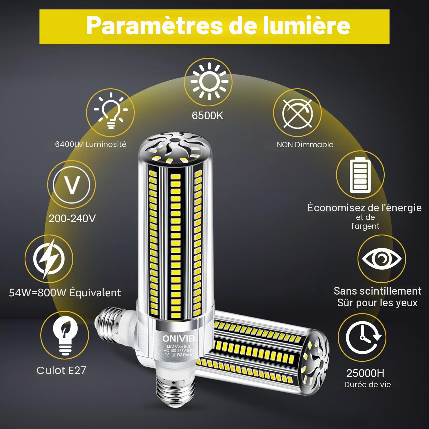 54W Ampoule À MAÏS À LED, 6400 Lumens équivalent 800W, 6500K Blanc froid Lumière du Jour, Ampoules Maïs Lampe LED, E27 /E40 Base, pour l'éclairage Commercial, Garage, Entrepôt, Usine