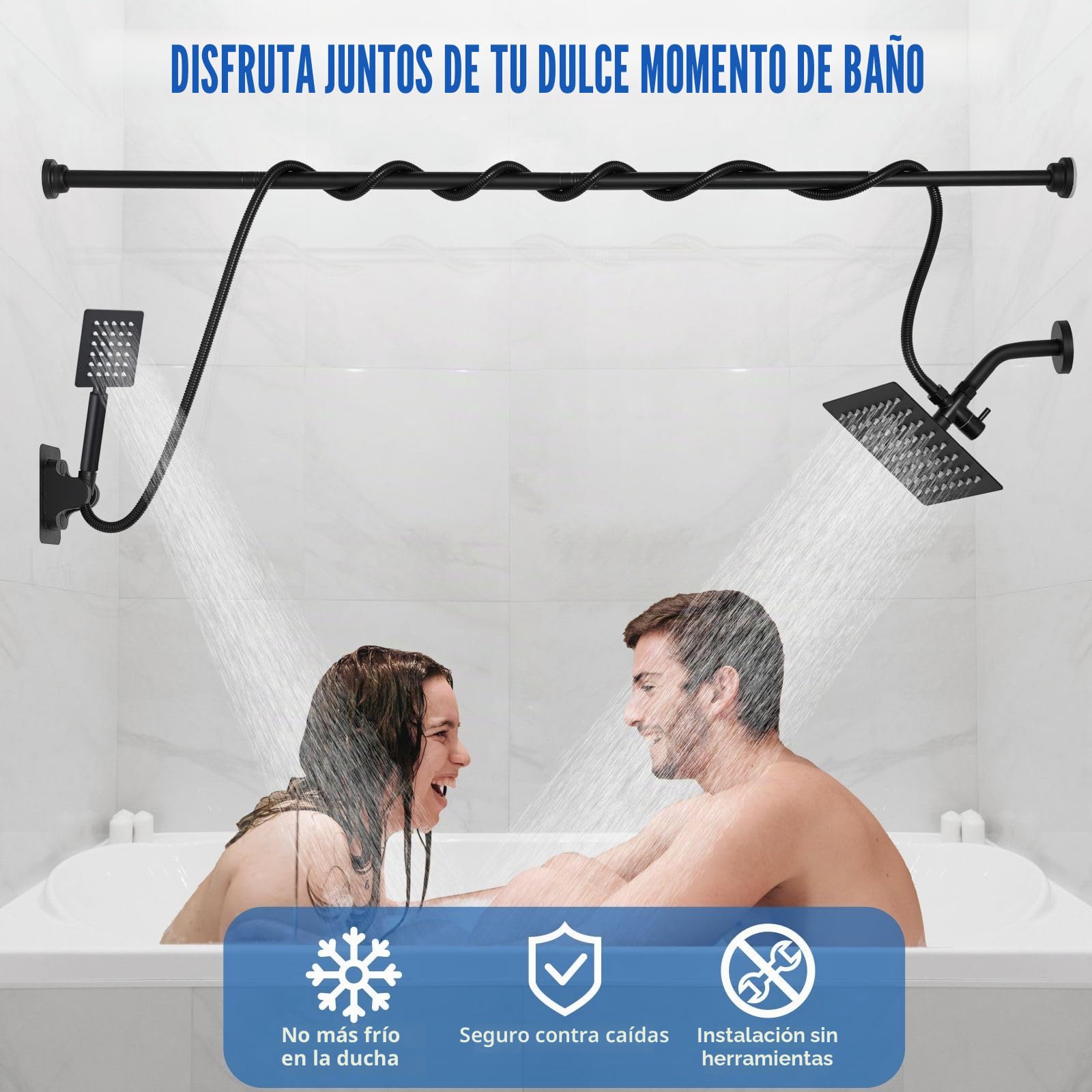 Voolan Cabezal de ducha doble para parejas, cabezal de ducha de lluvia de alta presión y spray de mano, cabezales de ducha dobles ajustables para baño de 2 personas (negro)