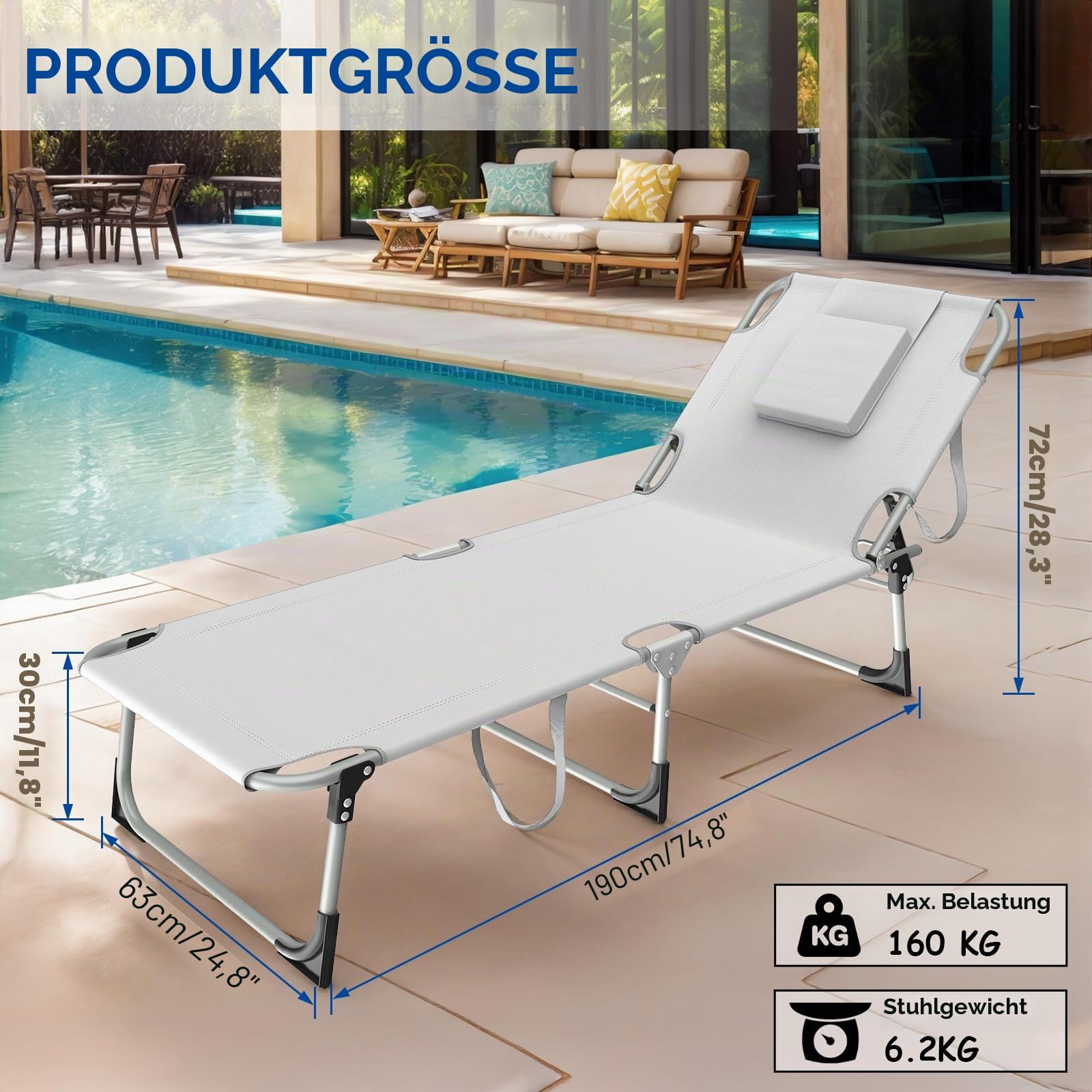 Sonnenliege mit Gesichtsöffnung,Klappbare Gartenliege,Liegestuhl mit U-Kissen&3-Fach Verstellbarer Rückenlehne,Gartenstuhl,Strandliege,Relaxliege Faltbar für Sonnenbaden,Strand,Garten,Camping,Hellgrau