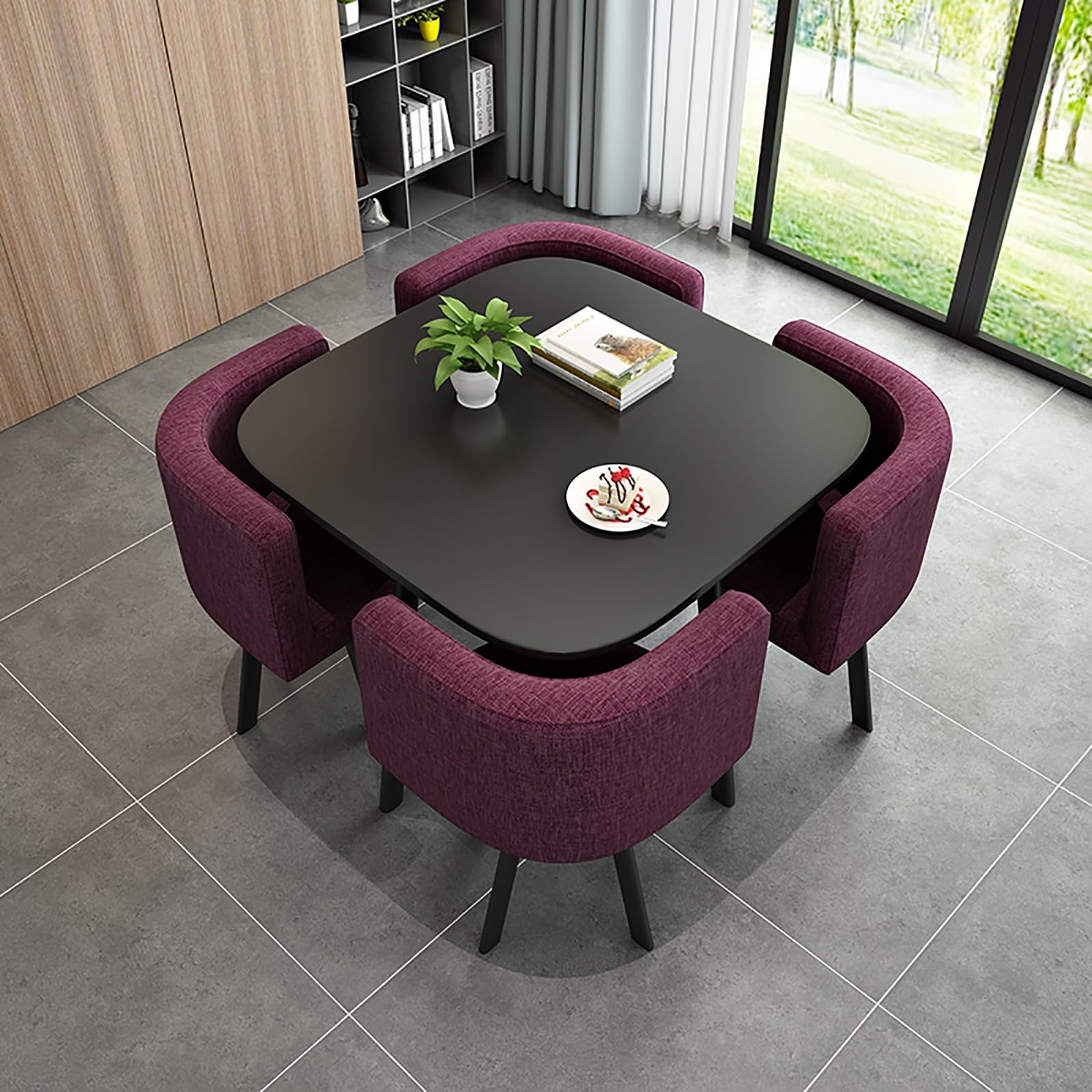Round Dining Table Set for 4 with Marble Top and Chairs Office Reception Desk and Chair Set Suitable for Lounge Living Room Modern Furniture Dining Set,Brown 1-Square-Fabric