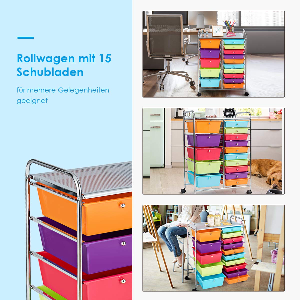 COSTWAY Rollwagen mit 15 stapelbaren Schubladen (Bunt)