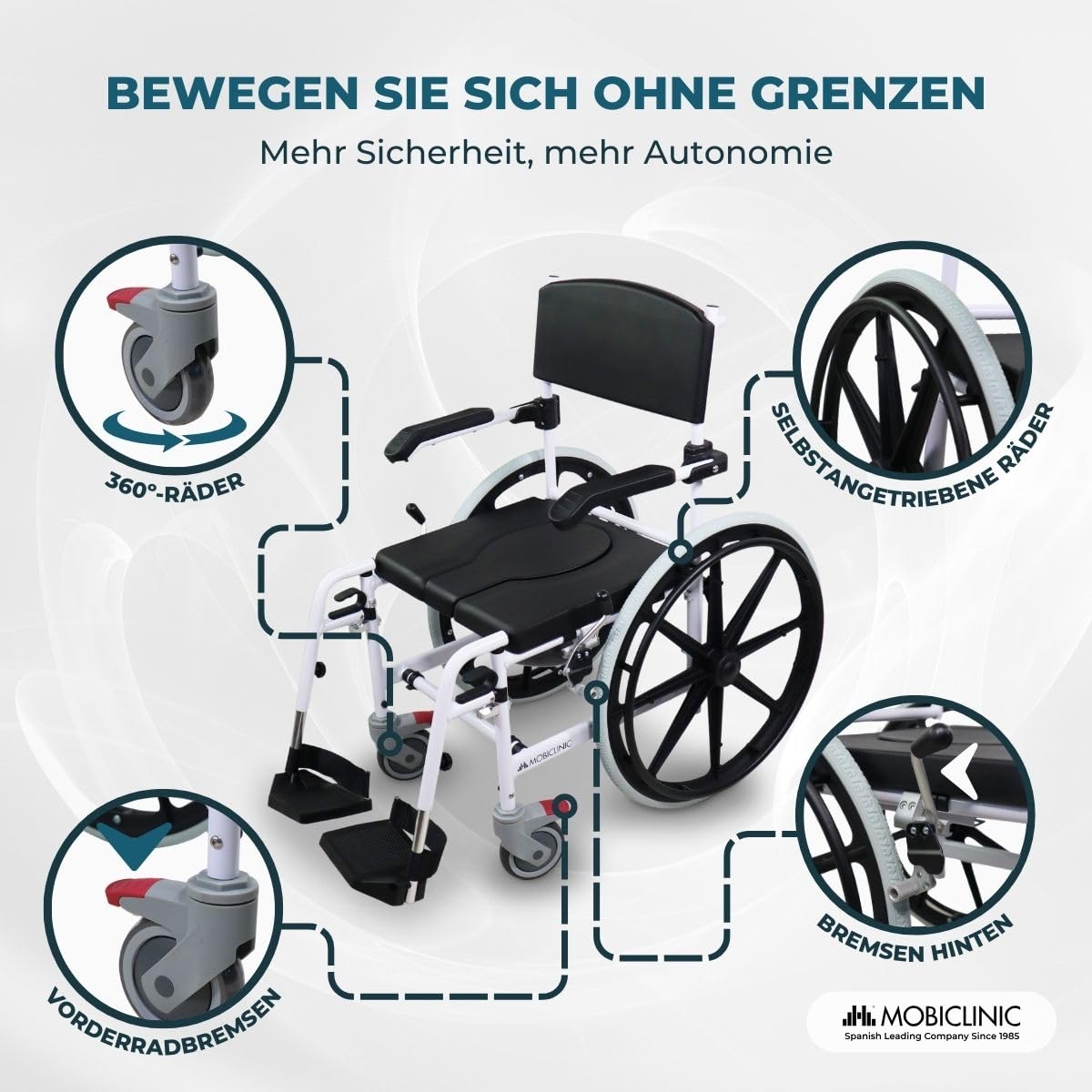 Mobiclinic®, Toilettenrollstuhl, Höhenverstellbar, Selbstfahrend, Calígula, Klappbare Fußstütze und Armlehnen, Mit Abnehmbarer Schüssel, Bremse an den Rädern, Aluminium