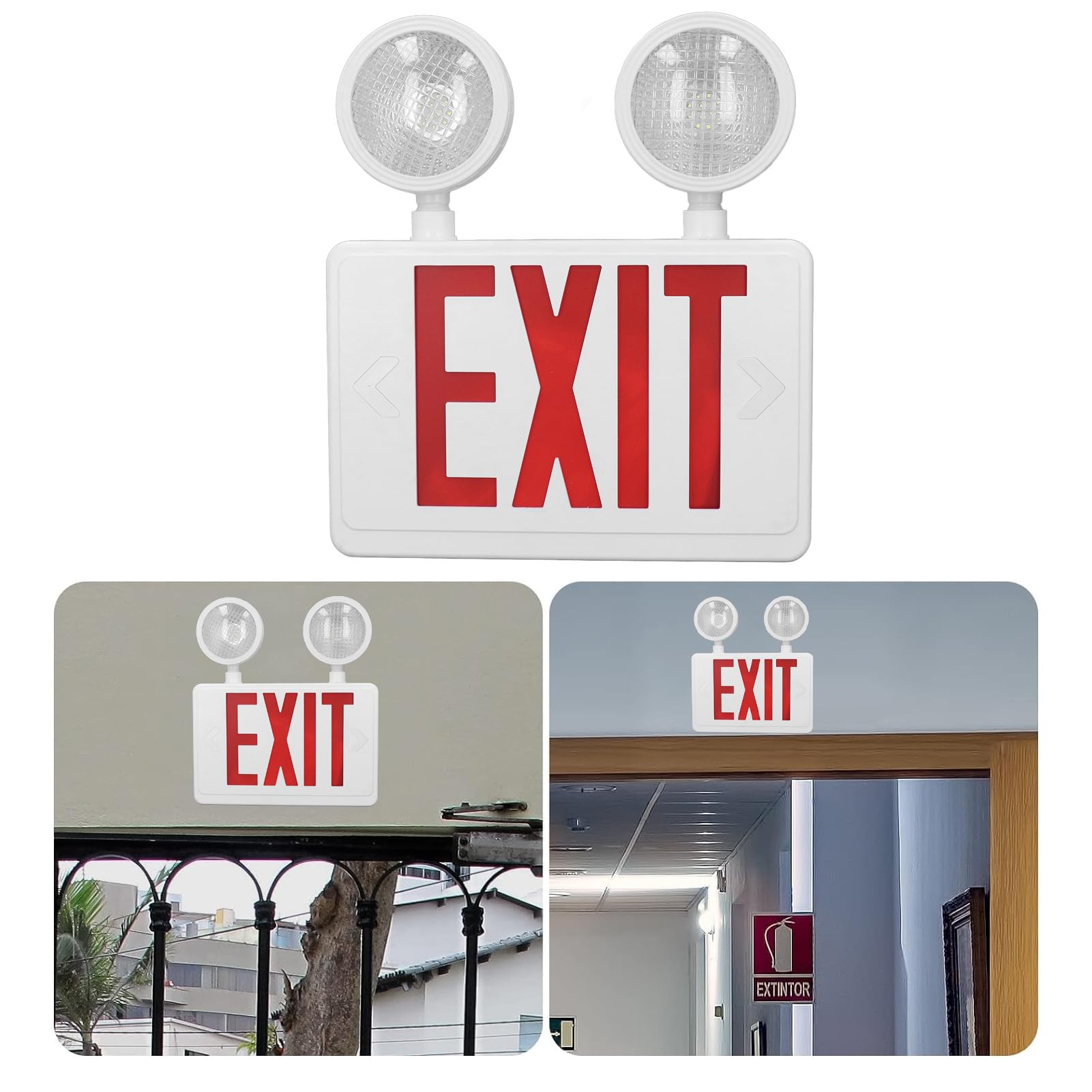 Señal de Salida de Emergencia Roja, Luces LED de Salida de Emergencia de Doble Cabezal, Señales de Salida Interiores y Exteriores Impermeables IP65 con Luces de Emergencia, Señal