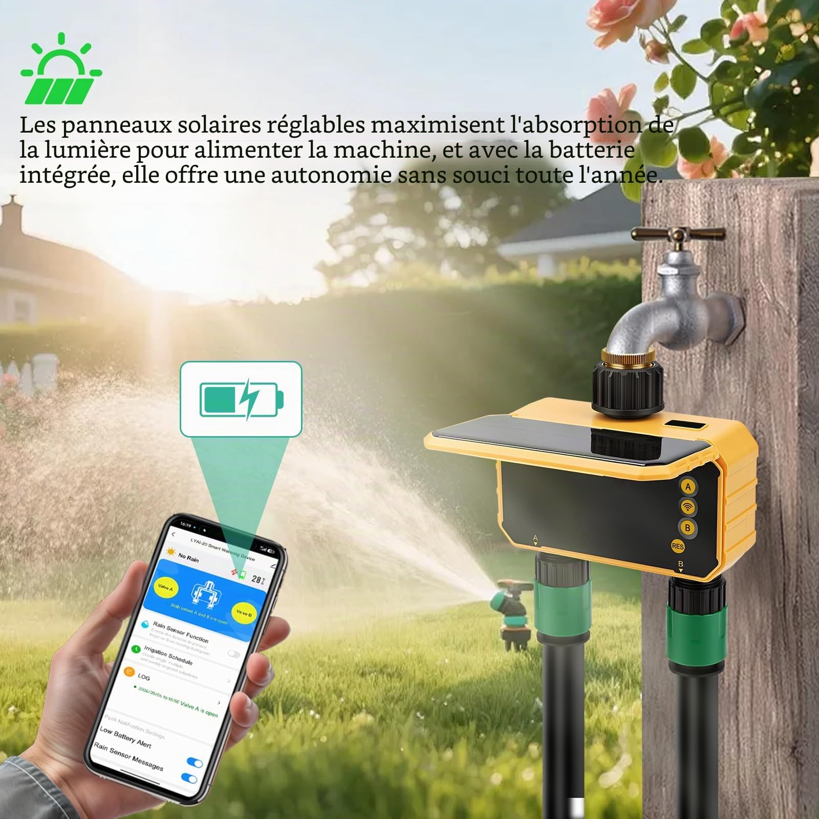 Nikou Programmateur Arrosage WiFi 2 Voies, Ordinateur d'irrigation Minuteur Arrosage Automatique Solaire avec Retard de Pluie, Compatible avec APP et Alexa, Système d'arrosage pour Jardin, Pelouse