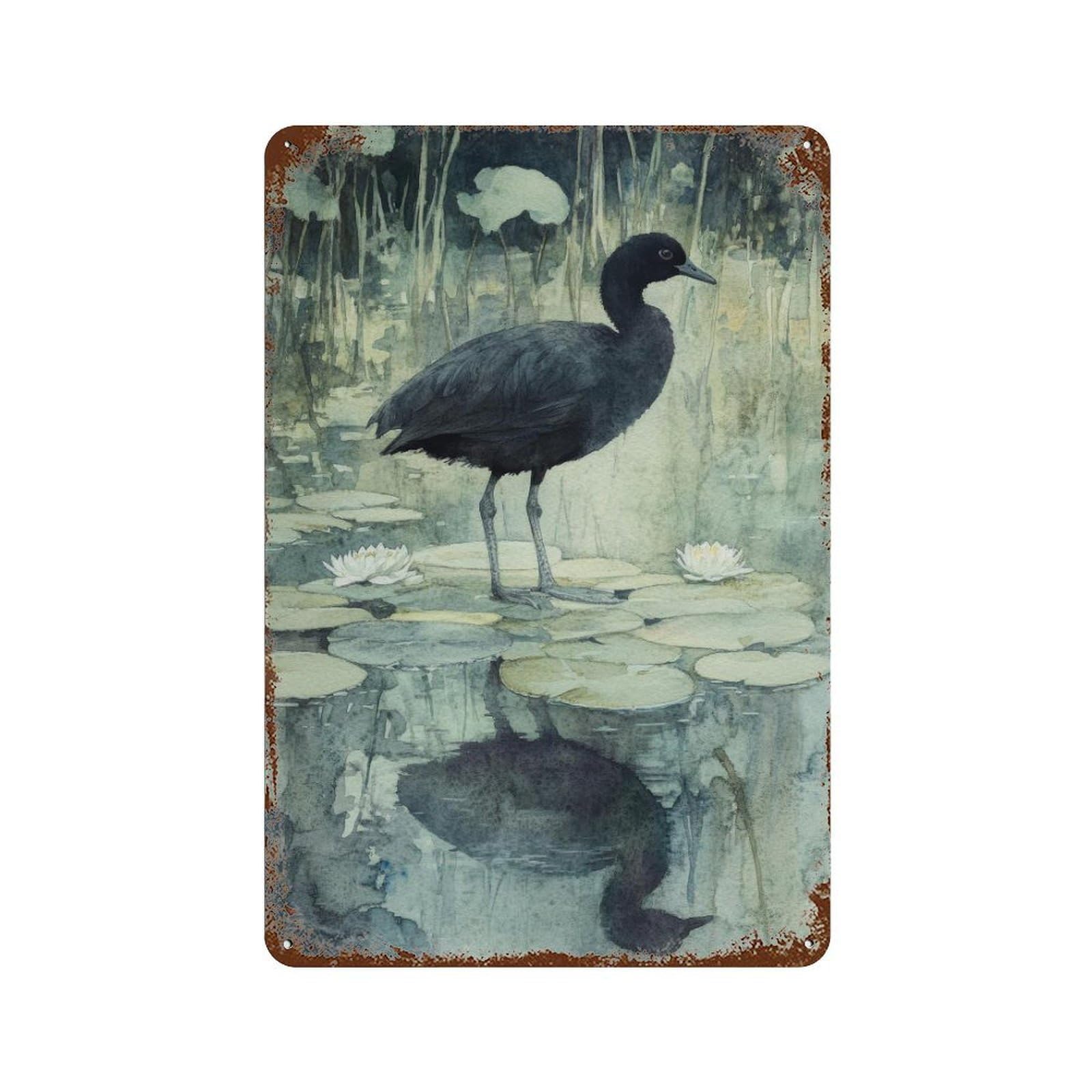 Moorhen Watercolor Cottagecore Decor Dark Academia Enchanted Wildlife Illustration Vintage Nature Wall Decor Art Metal Tin Poster Modern Home Decor Art Home Bar Shop Decorations Vintage Sign 30x20cm
