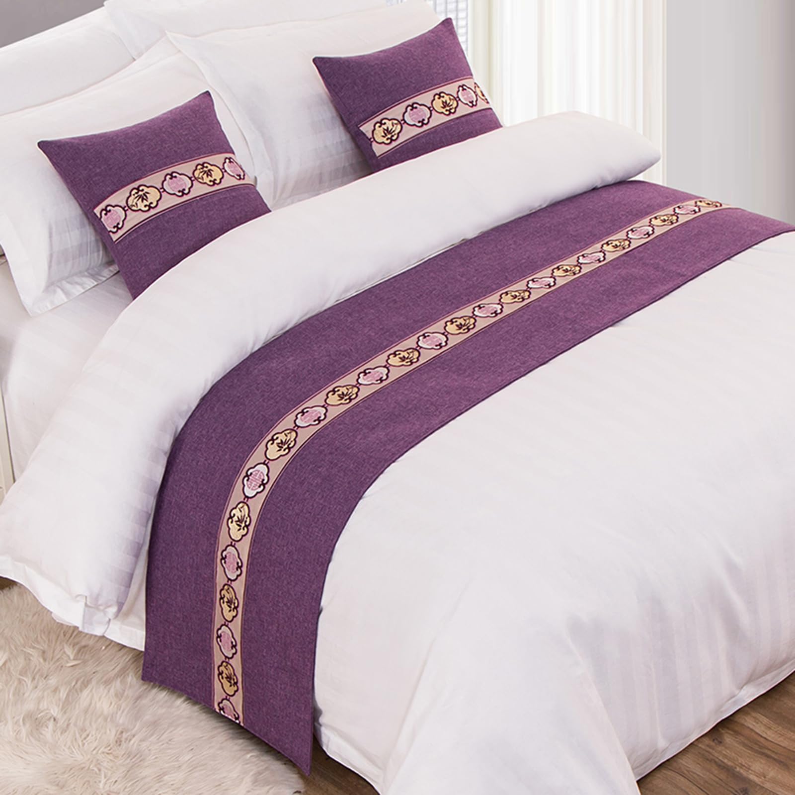 QRGMKL Graphic Print Bed Runners King Size, Luxury Bed Scarf Double Bedspread for Bedroom Hotel Home Decoration-Purple||2 Pillowcases(45X45cm)