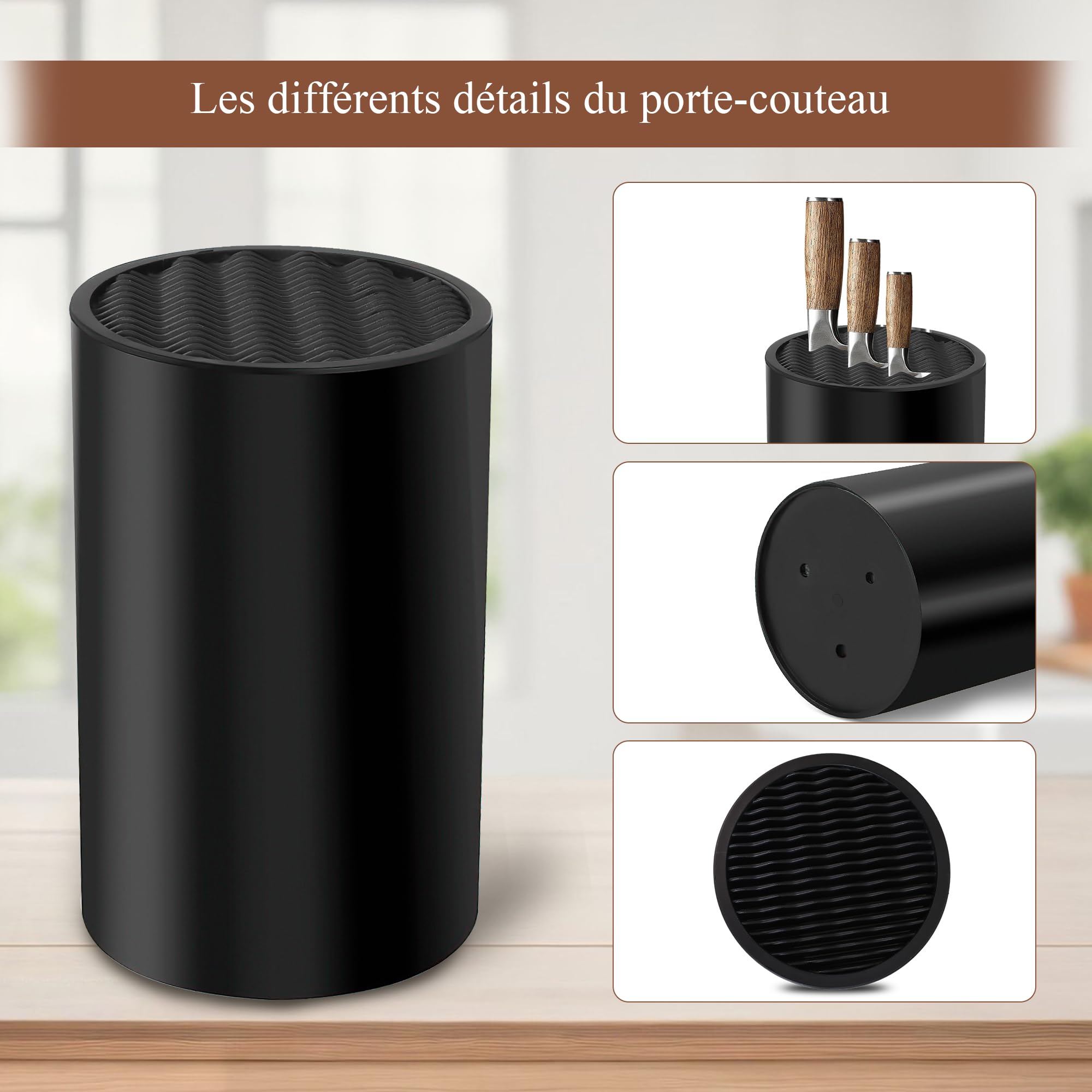 Bloc Couteaux Cuisine Vide Noir - Design Ondulé avec Support Porte 20 couteaux - Bloc Cuchillos Vide Antidérapant et Ventilé avec Brosse et Boîte de Rangement