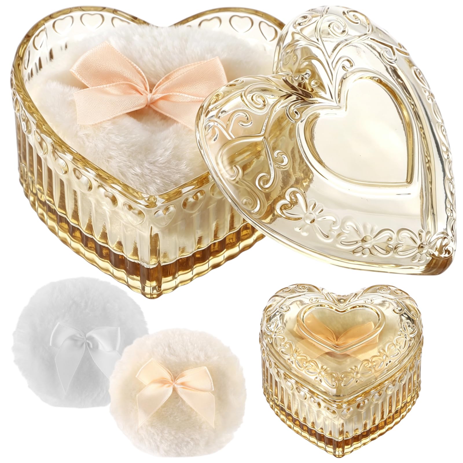 Lot de 3 houppettes à poudre grand format, récipient en verre en forme de cœur, houppettes de maquillage douces et moelleuses, lavables et réutilisables, déco de coiffeuse jaune, pour maquillage sec