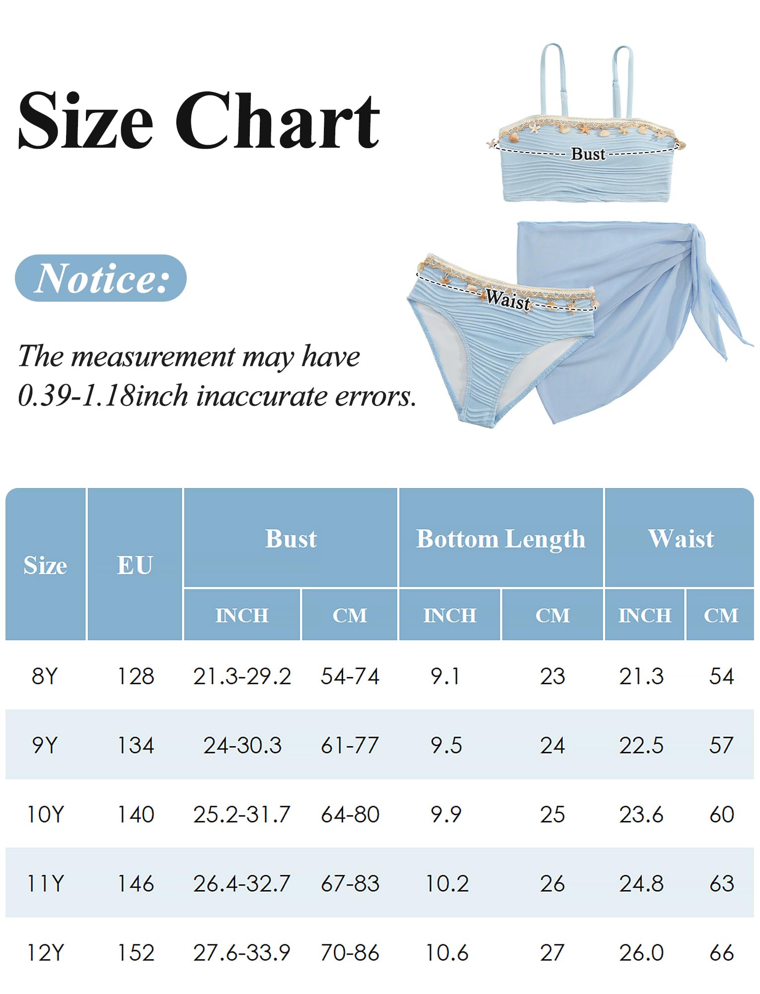 Maeau Bikini - Traje de baño de 3 piezas para niña, top de bikini+bragas+falda, conjunto de natación, playa, piscina, 8-12 años