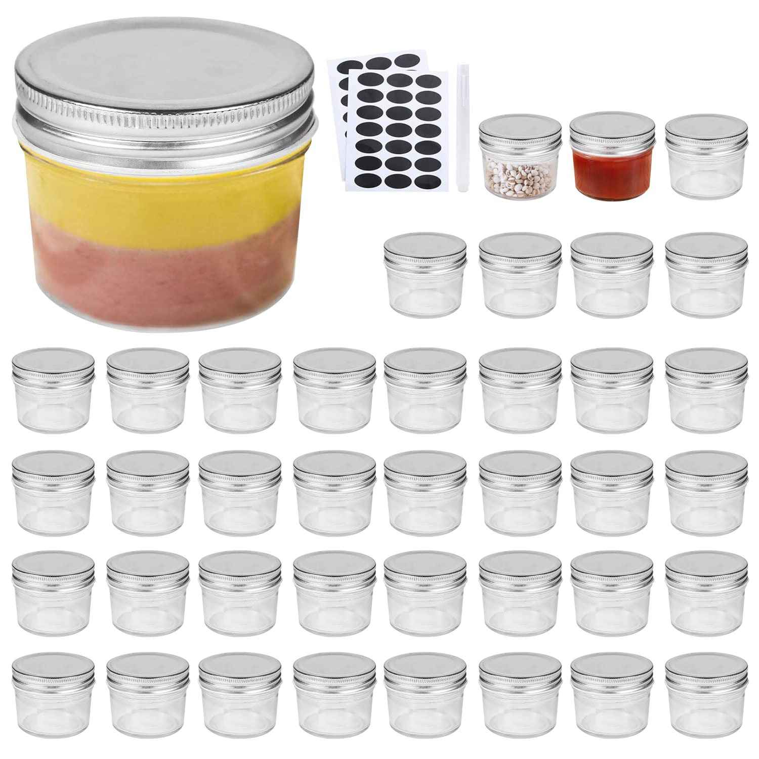 Encheng 4 oz Clear Glass Jars With Lids(Silver),Small Spice Jars For Herb,Jelly,Jams,Wide Mouth Manson Jars Canning Jars For Kitchen Storage 40 Pack