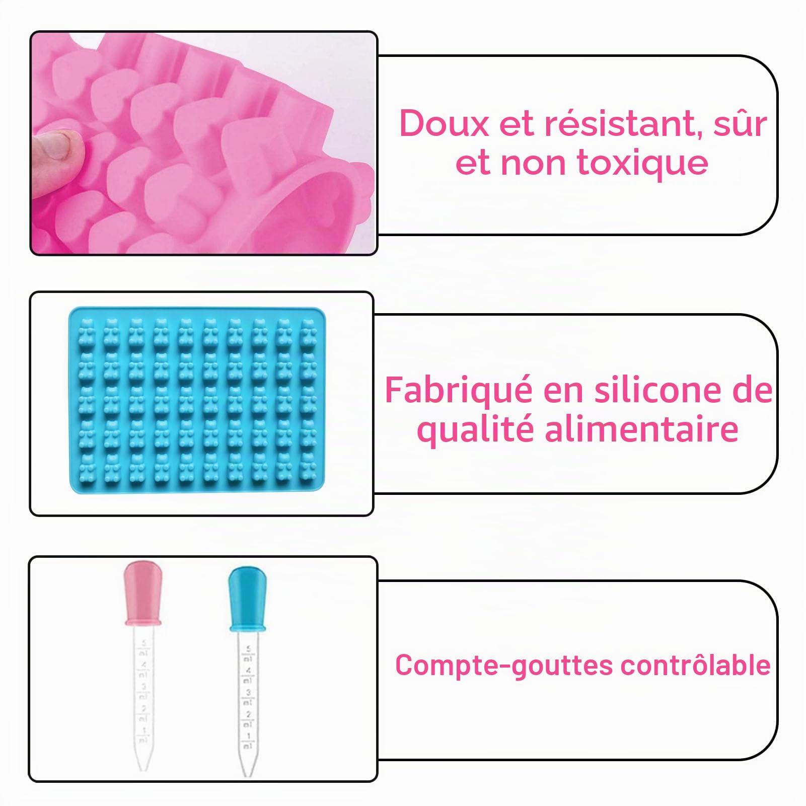 Moules en Silicone pour Oursons, Anti-adhésif, Forme de Cœur, 55 Cœurs/50, Lot de 2 avec Compte-gouttes