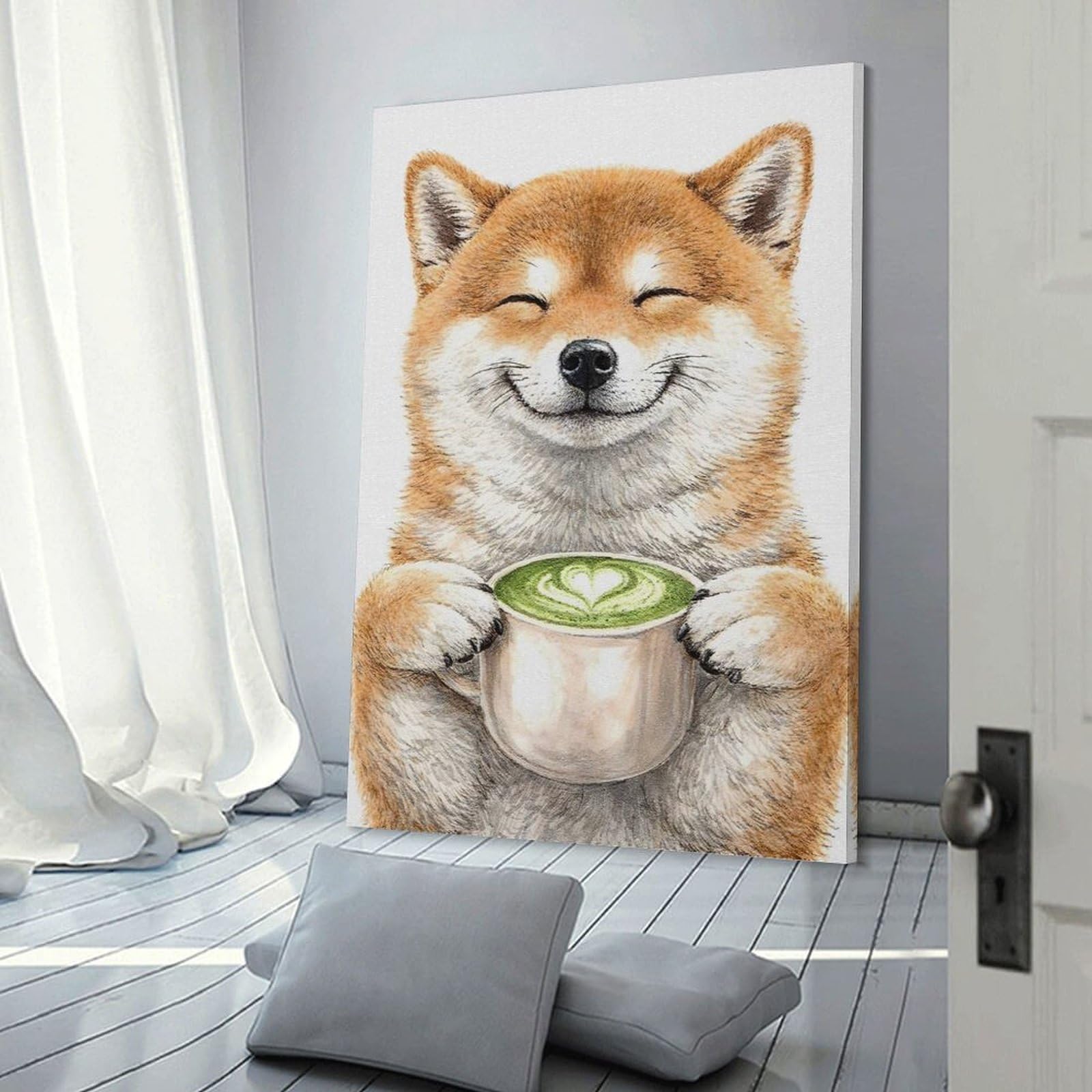 Junmoney Shiba Inu with Matcha Latte Hanging Wall Art, 20x30inch(50x75cm), for Gallery Wall Decor And Room Displays, Home Wall Art for Statement Displays