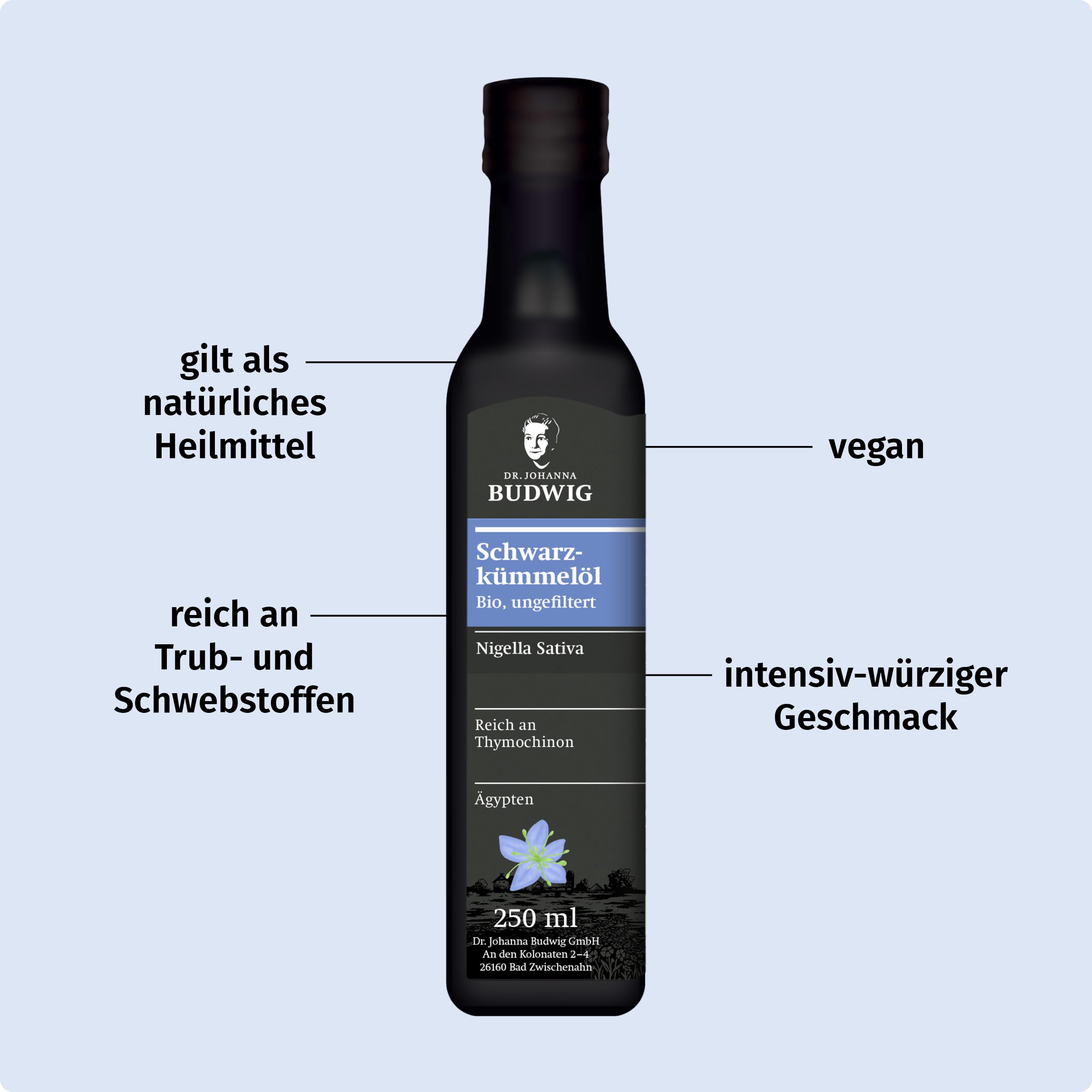 Dr. Budwig Premium Bio Schwarzkümmelöl ungefiltert (250ml) - nigella sativa - ätherisches Öl aus Ägypten - Vitamin E - 760mg Thymochinon - Linolsäure - kaltgepresst - laborgeprüft - naturrein