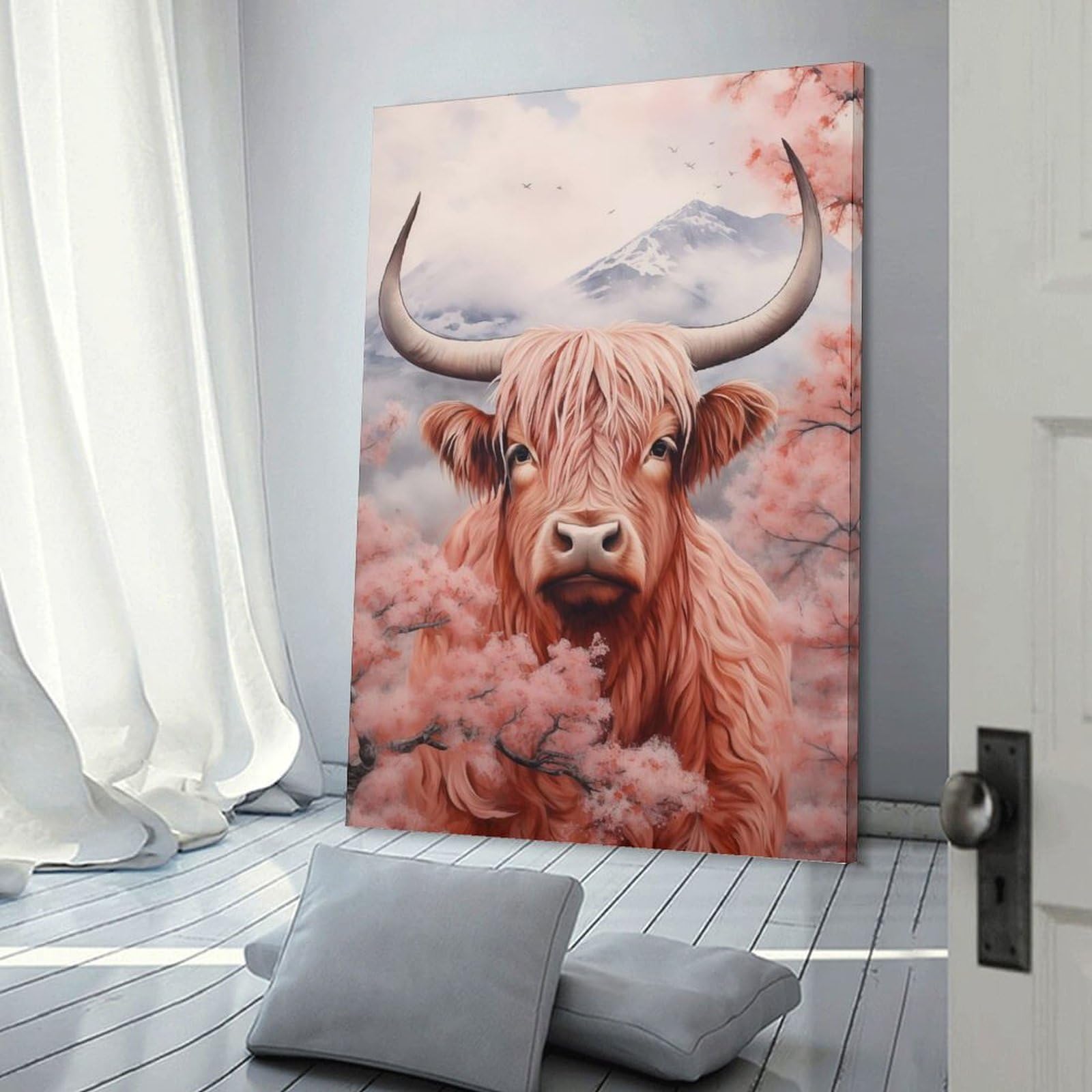 Junmoney Frame-Style-8 Wall Picture Print Cherry Highland Cow Poster, Picture, Metal Print, Paint By Permadi, 08X12inch(20X30cm), For Entrance Walls, Hall Decor Or Foyers, Home Artwork For First Impressions