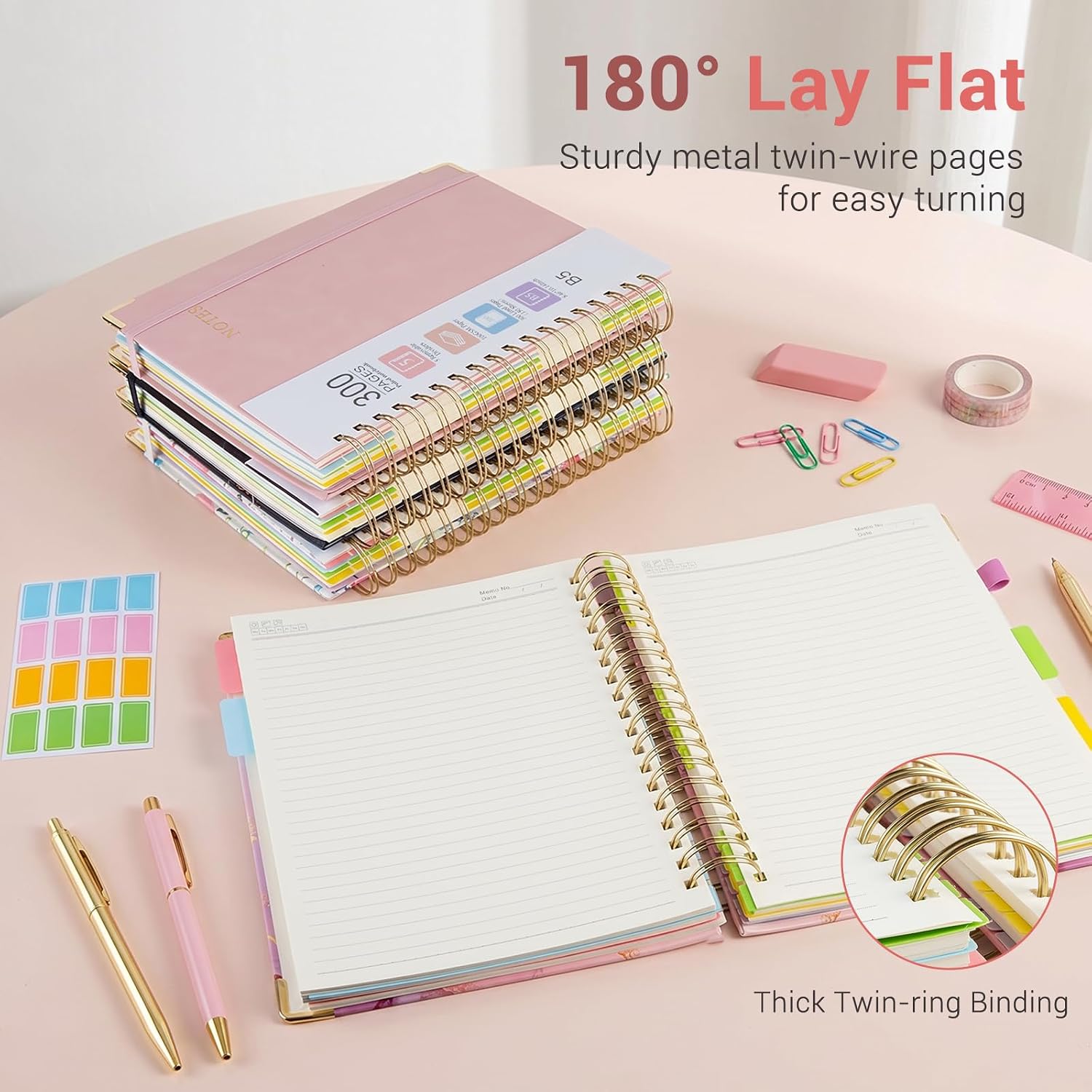 Hardcover Spiral Journal Notebook, 300 Pages 5 Subject Notebook College Ruled with Removable Dividers Tabs, 8" x 10" Notebooks for Work, Spiral Ruled Lined Writing Journal, Hardcover Leather Notebook for School (Pink, 8''x 10'') image 4