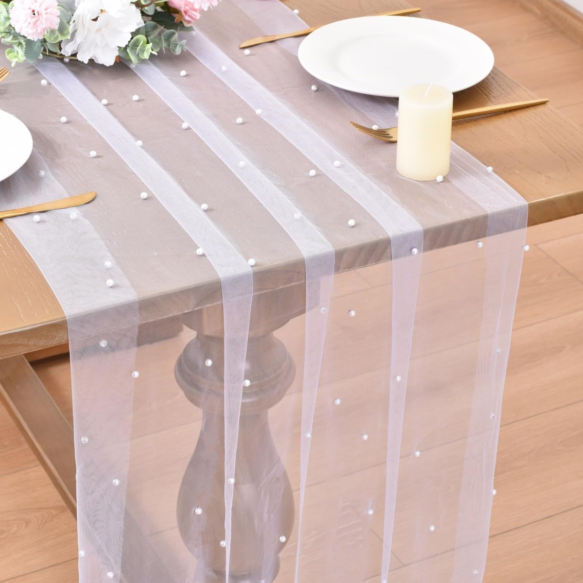 Pink Pearl Table Runner 120 Inches Boho Rustic Tulle Lace Table Runner Seasonal for Home Dining Wedding DIY Craft Wedding Birthday Baby Shower 4pcs
