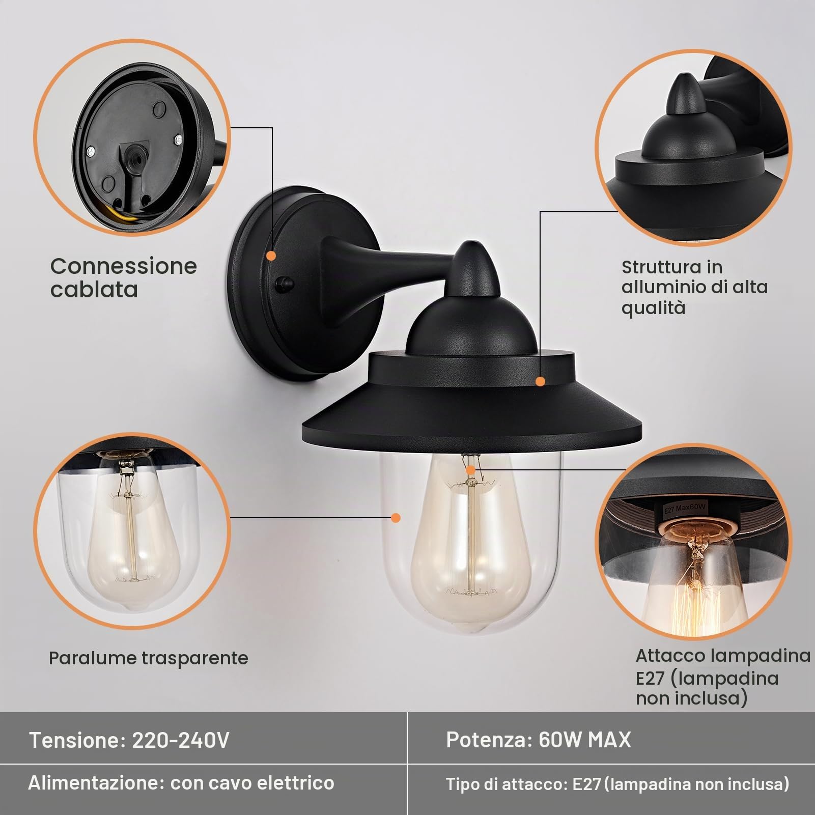 HARPER LIVING applique da esterno, lampada da parete per esterni E27 alimentata a rete con paralume trasparente, IP54 resistente alle intemperie, in alluminio pressofuso, lanterna da esterno retrò