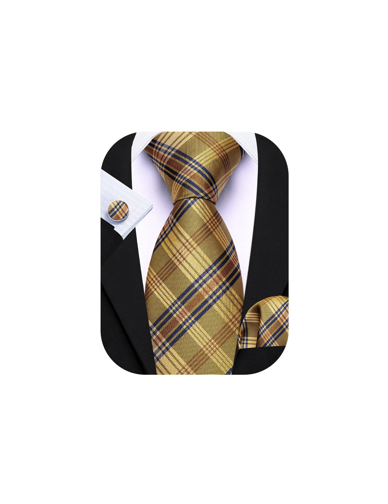 Barry.Wang Plaid Ties Checkered Mens Silk Necktie Handkerchief Cufflinks
