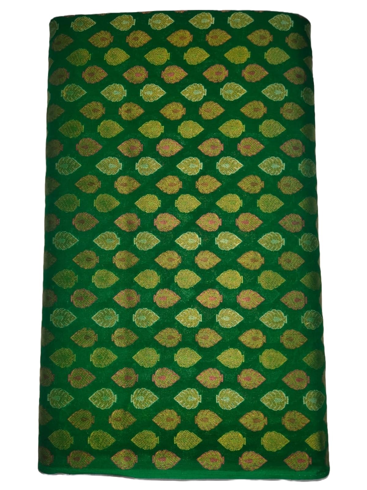 Traditional Banarasi Cotton Blouse Fabric, Green with Gold Leaf Pattern-image-11