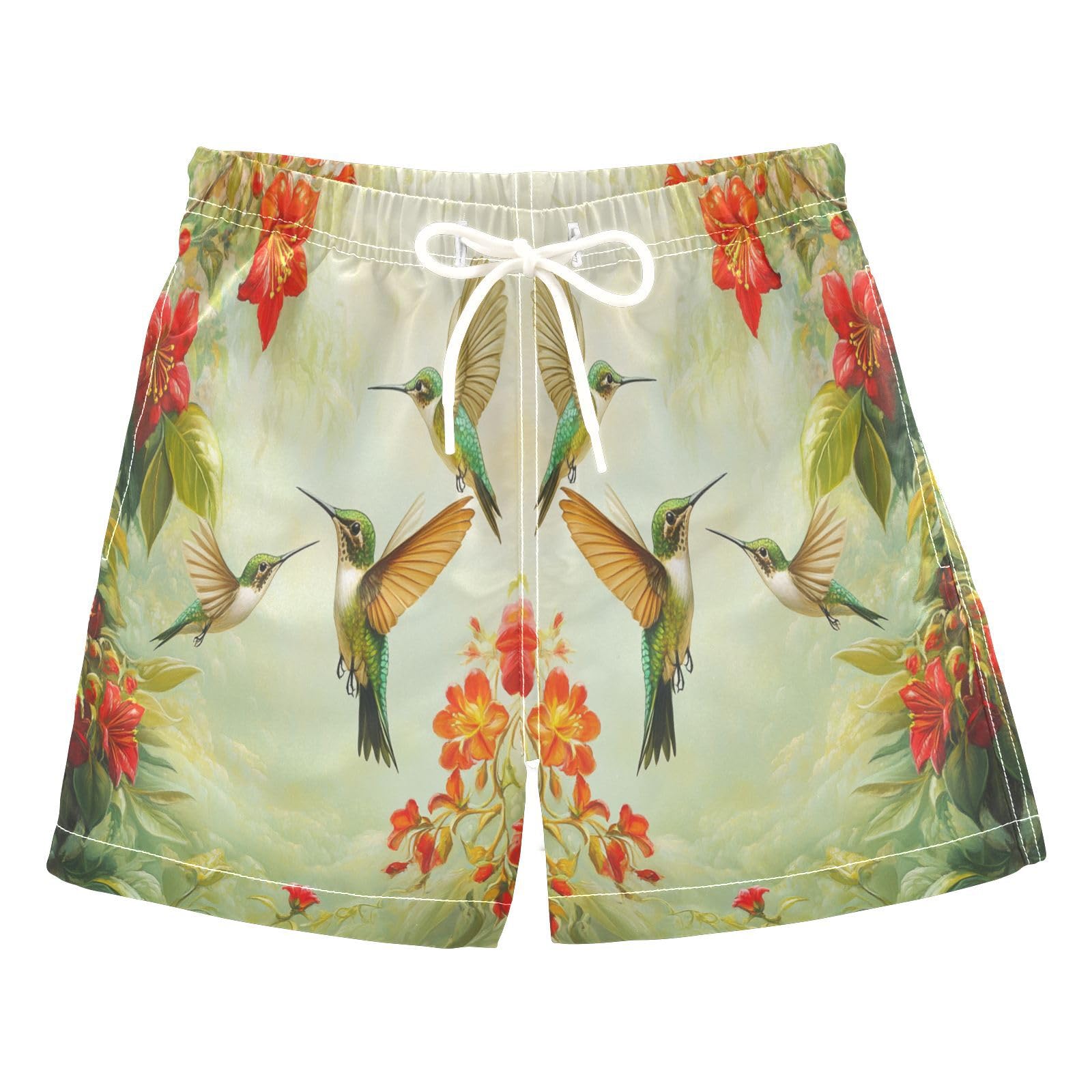 Jucciaco Boys Beach Board Shorts Hummingbird Flower Red Swim Trunk Teen Swimwear