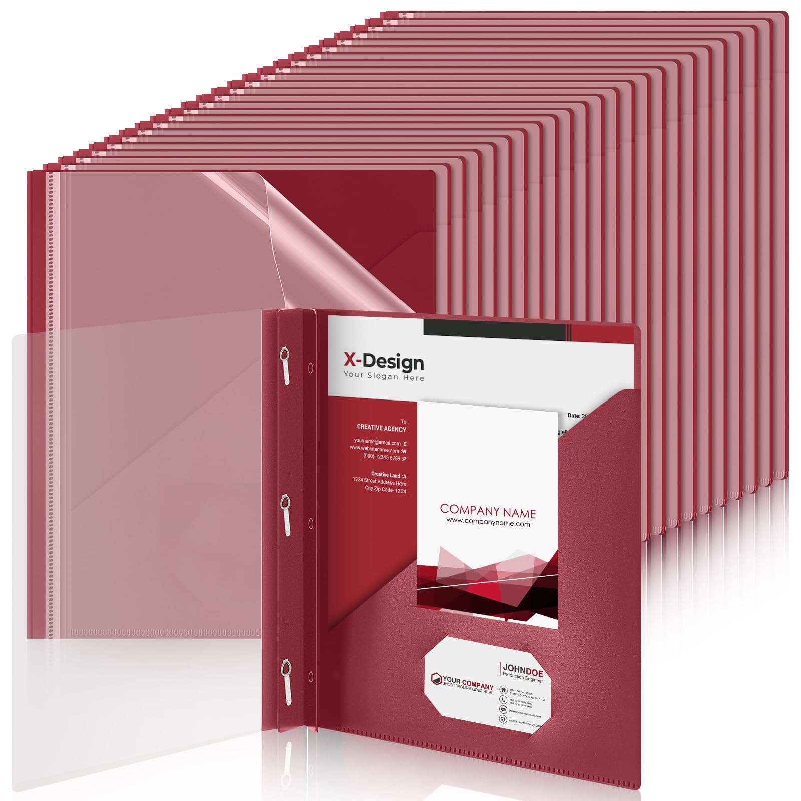 Teling 48 Pcs Clear Front Report Covers with 3 Prongs, Suit for A4/8.5'' x 11'' Letter Size Paper, Plastic Dark Red Presentation Folders Bulk, 90