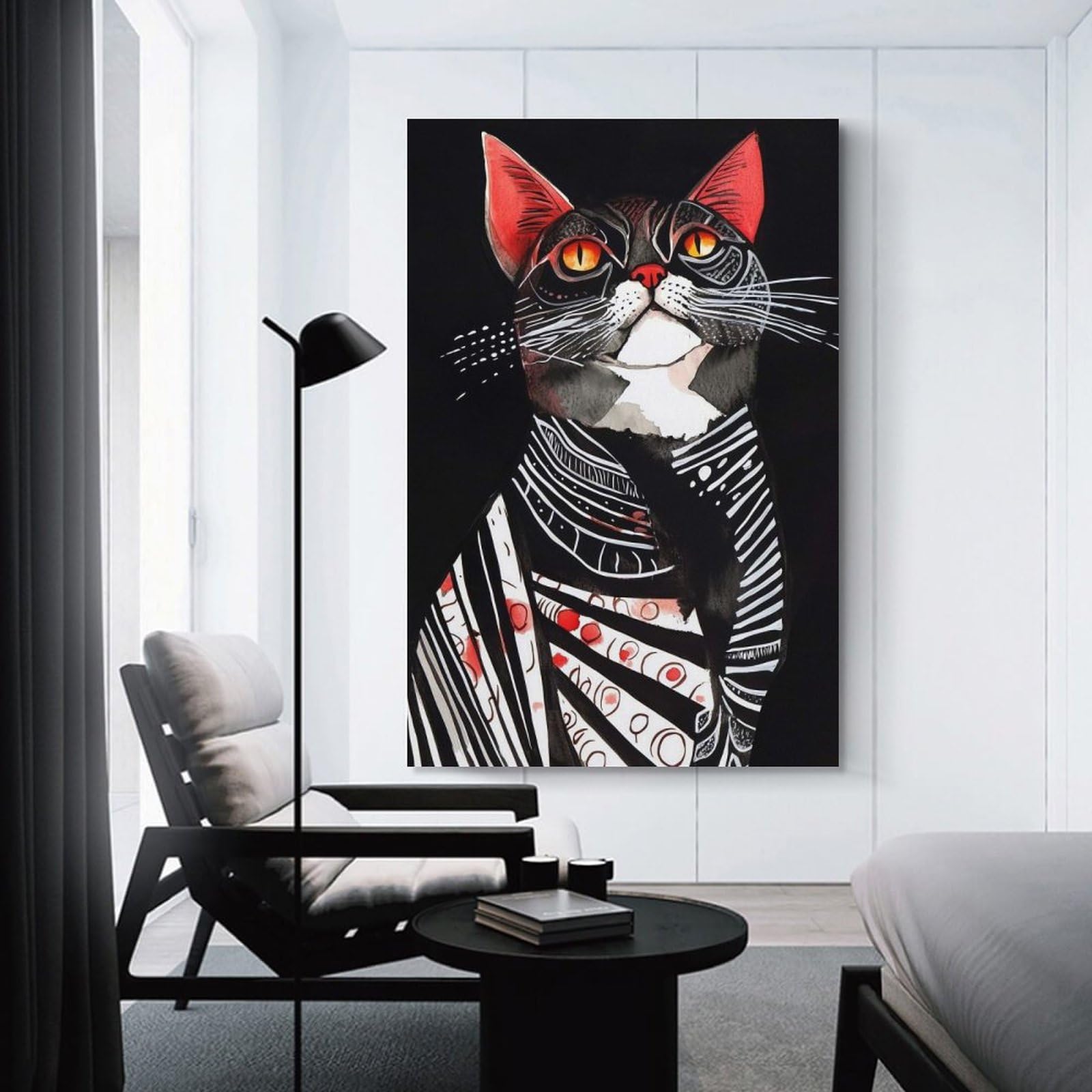 Junmoney Artistic Black Cat Portrait Canvas Art Print, 16x24inch(40x60cm), for Home Walls, Creative Rooms Or Shared Spaces, Decorative Artwork with Broad Appeal