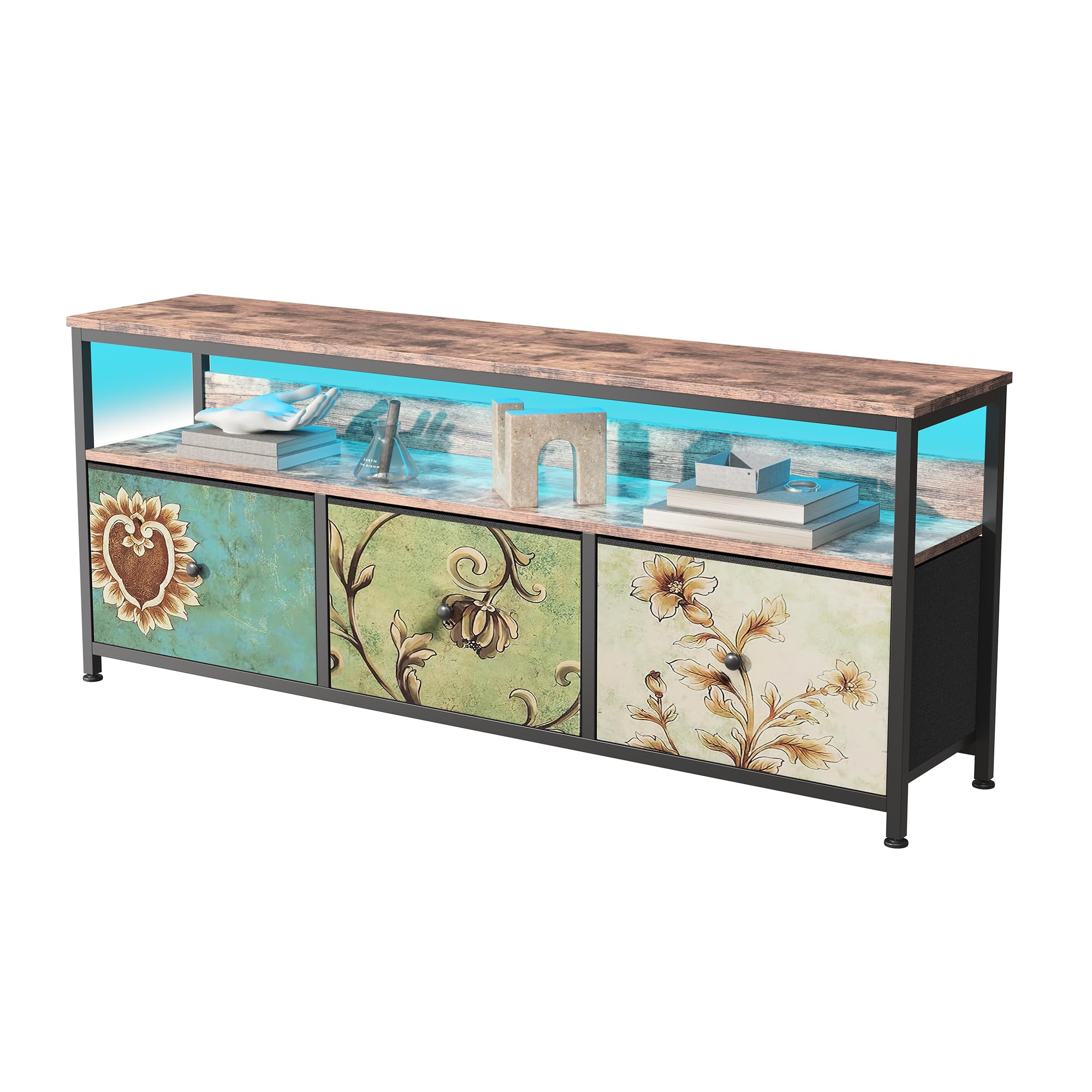 Mueble para TV LED, 137 cm, mesa de TV, mueble para televisión con cajón LED y tejido, mesa de TV para sala de estar con almacenamiento, banco bajo móvil para TV para sala de estar, dormitorio