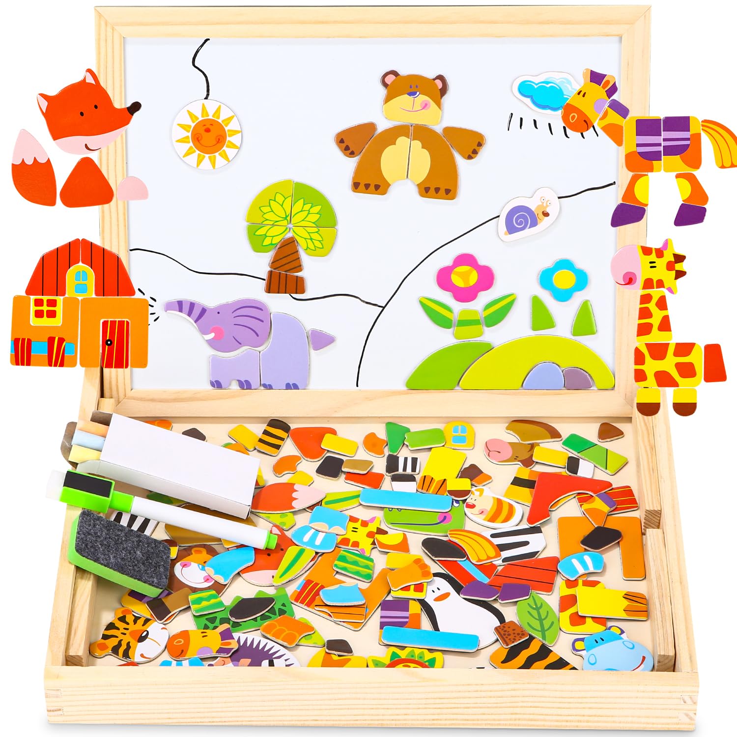 FAOKZE Rompecabezas magnéticos,Puzzles de Madera,Juguetes Montessori,Juguete Educativo para Niños,para Dibujo de Doble Cara,para Niños Niñaspara NIños de 3 4 5 Años(Animales en Bosque)