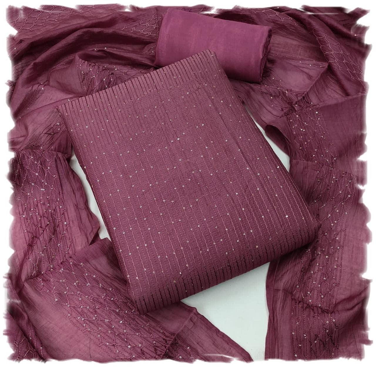 Cloth ClockWomen's Cotton Diable Chanderi Croset Work Embroidery Sequence Work Unstitched Salwar Suit Dress Material With Heavy Croset Work Dupatta (Free Size_Multi Color)