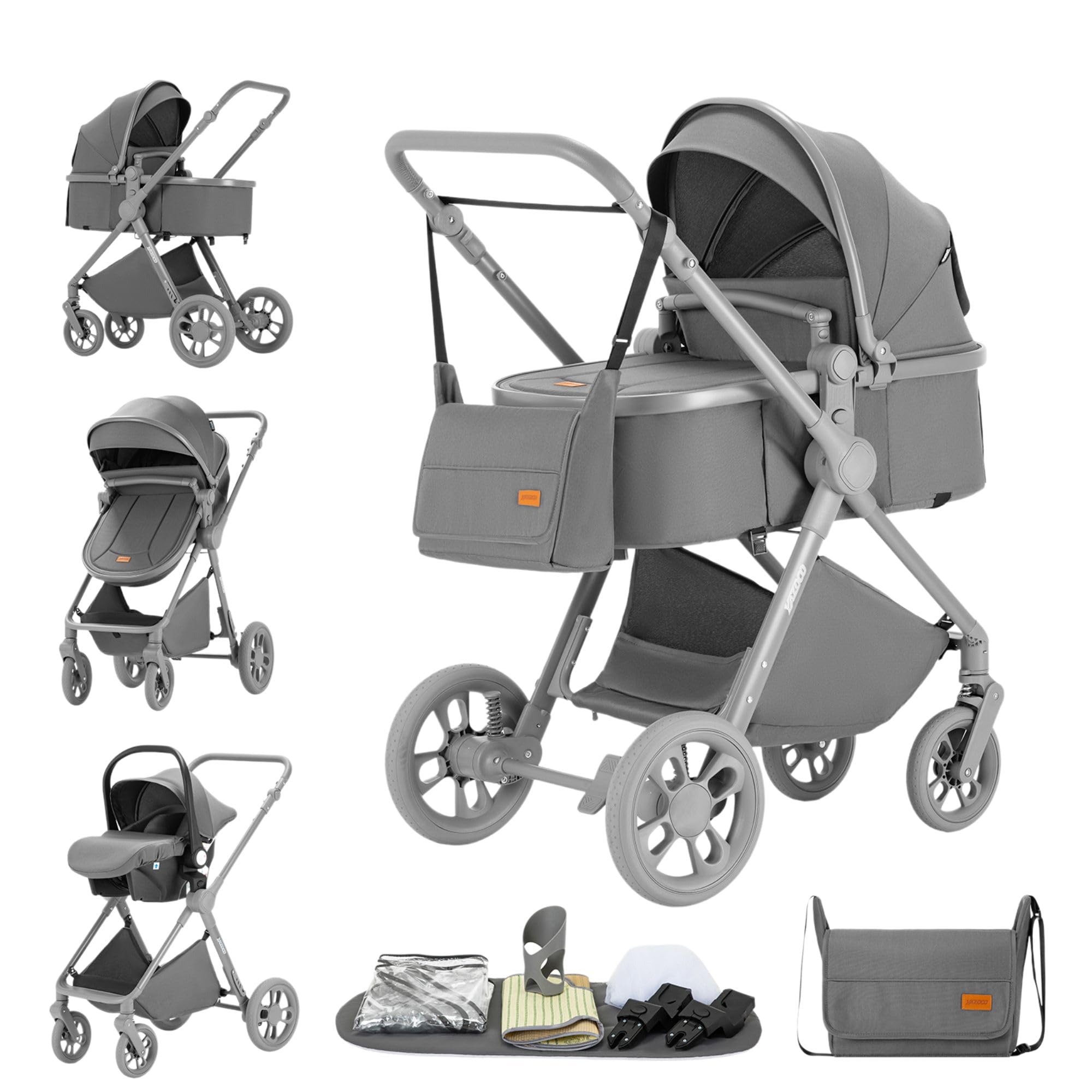 GLOKID passeggino trio 3 in 1, multifunzionale carrozzina pieghevole, navicella+passeggino 2 in 1, ruote antiforatura ammortizzate, completo di accessori(Grigio)
