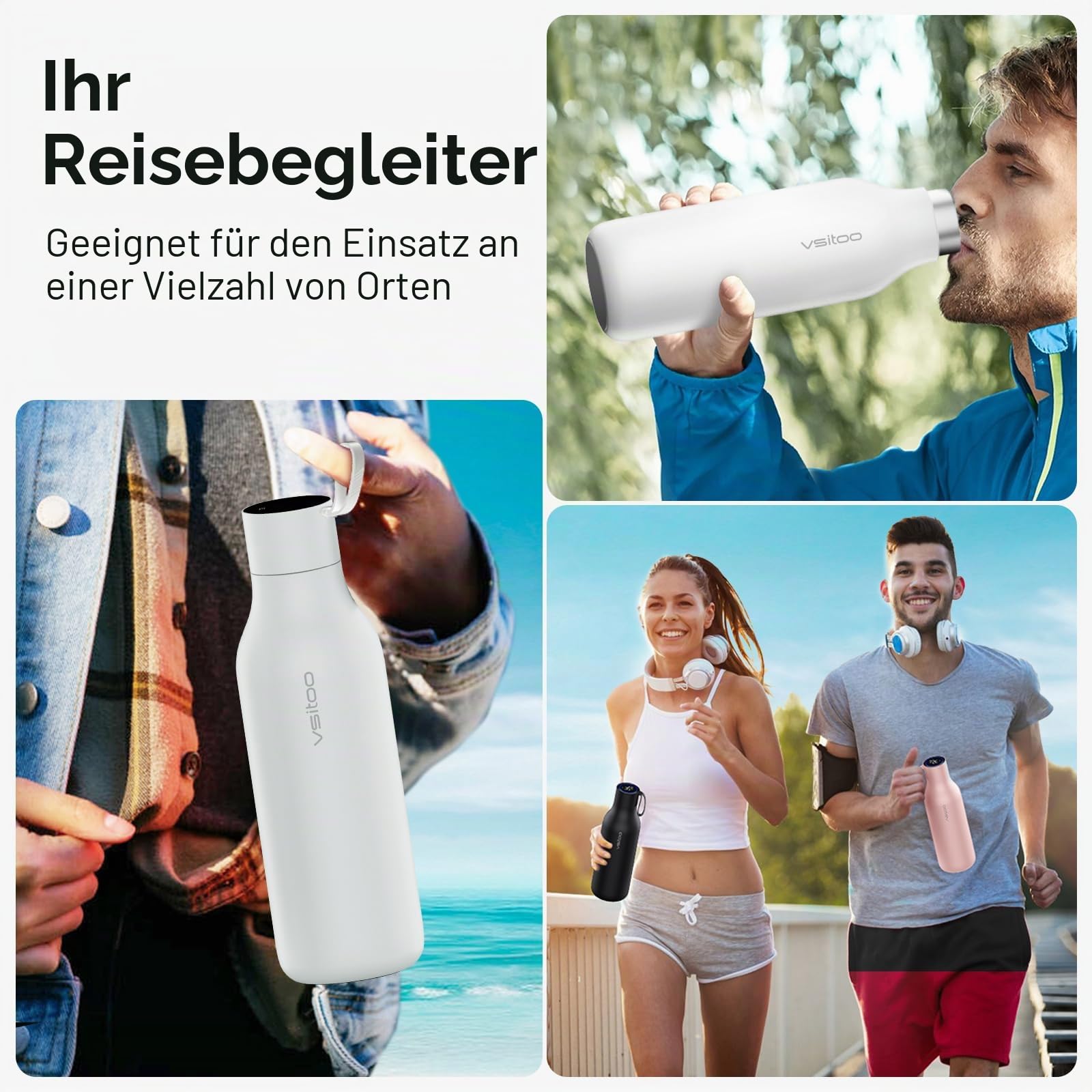 vsitoo Selbstreinigende Wasserflasche, 935.5 g Isolierte Edelstahl BPA Frei Smart Water Bottle, Touchscreen APP Control & Auto-Cleaning, Thermoflasche für Reisen, Weiß