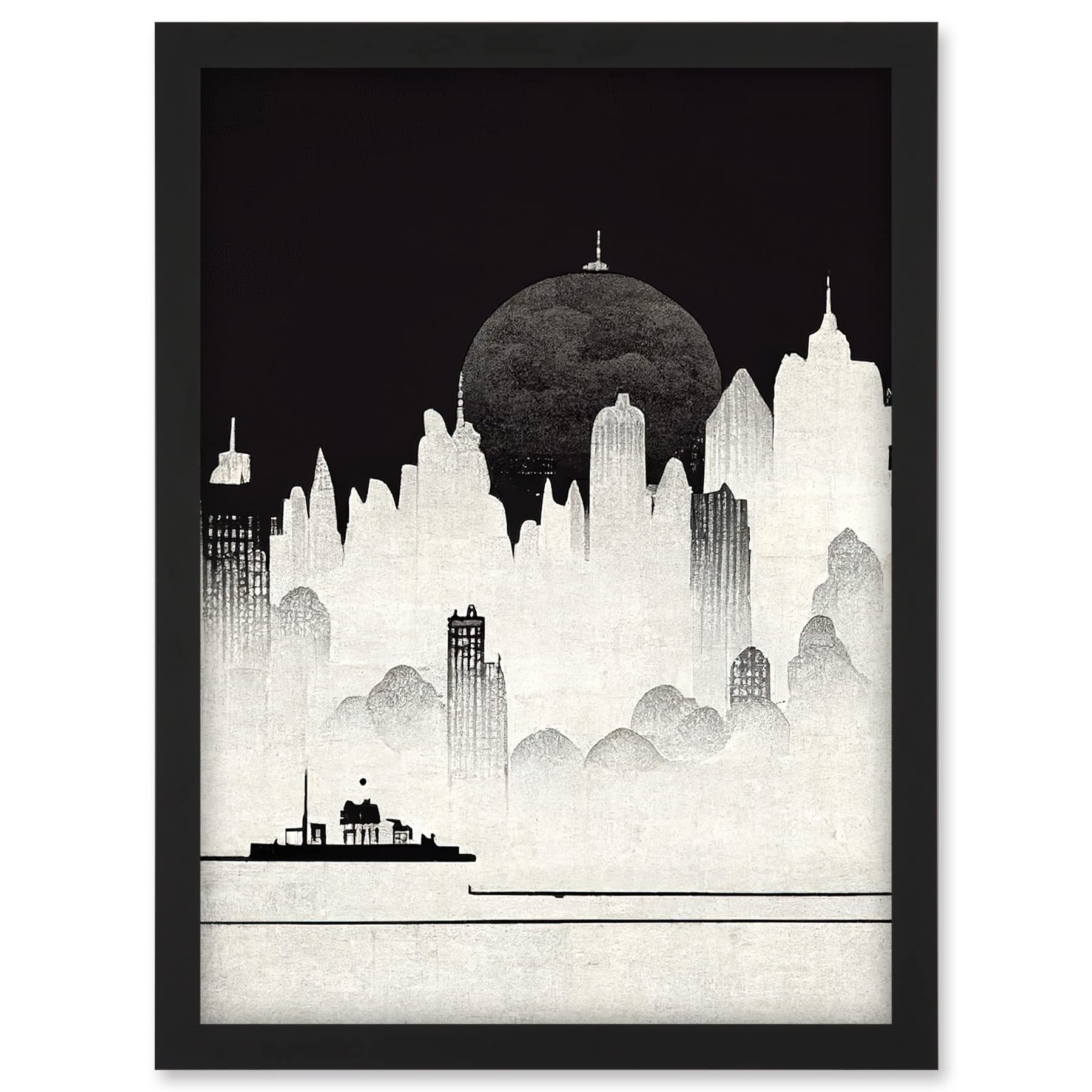 Doppelganger33 LTD Futuristic Cityscape Ukiyo-e Flat Illustration Artwork Framed A3 Wall Art Print