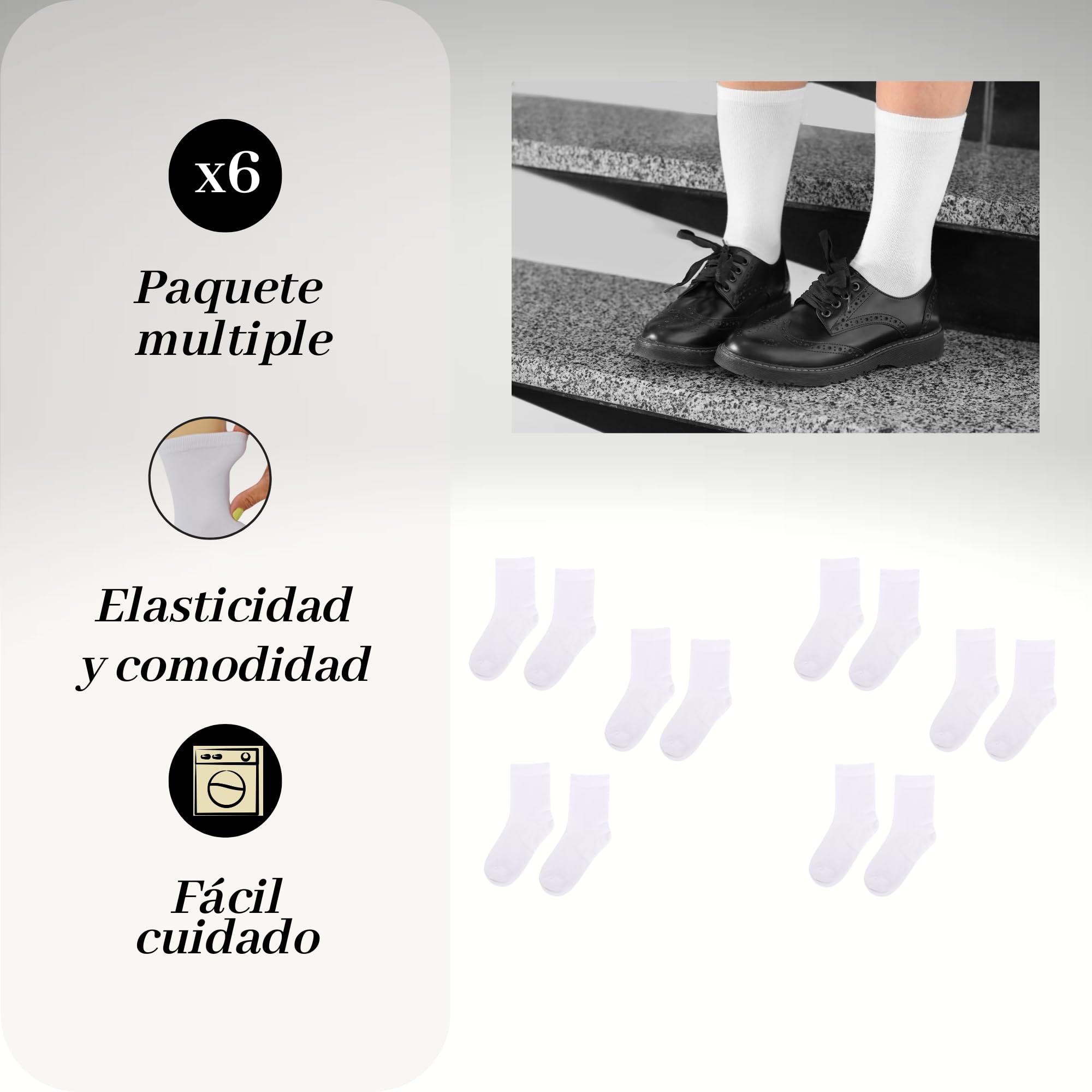(6 pares) calceltines escolares para niña-niño blancos de algodon uso colegio, deportes, casual unisex, calcetin para uniforme escolar semialtos, medias (FR/ES, Números, 12, Regular, BLANCO 29-32)
