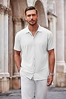 Vista 101 de COOFANDY Camisa casual con botones para hombre, manga corta, sin arrugas, camisa de verano