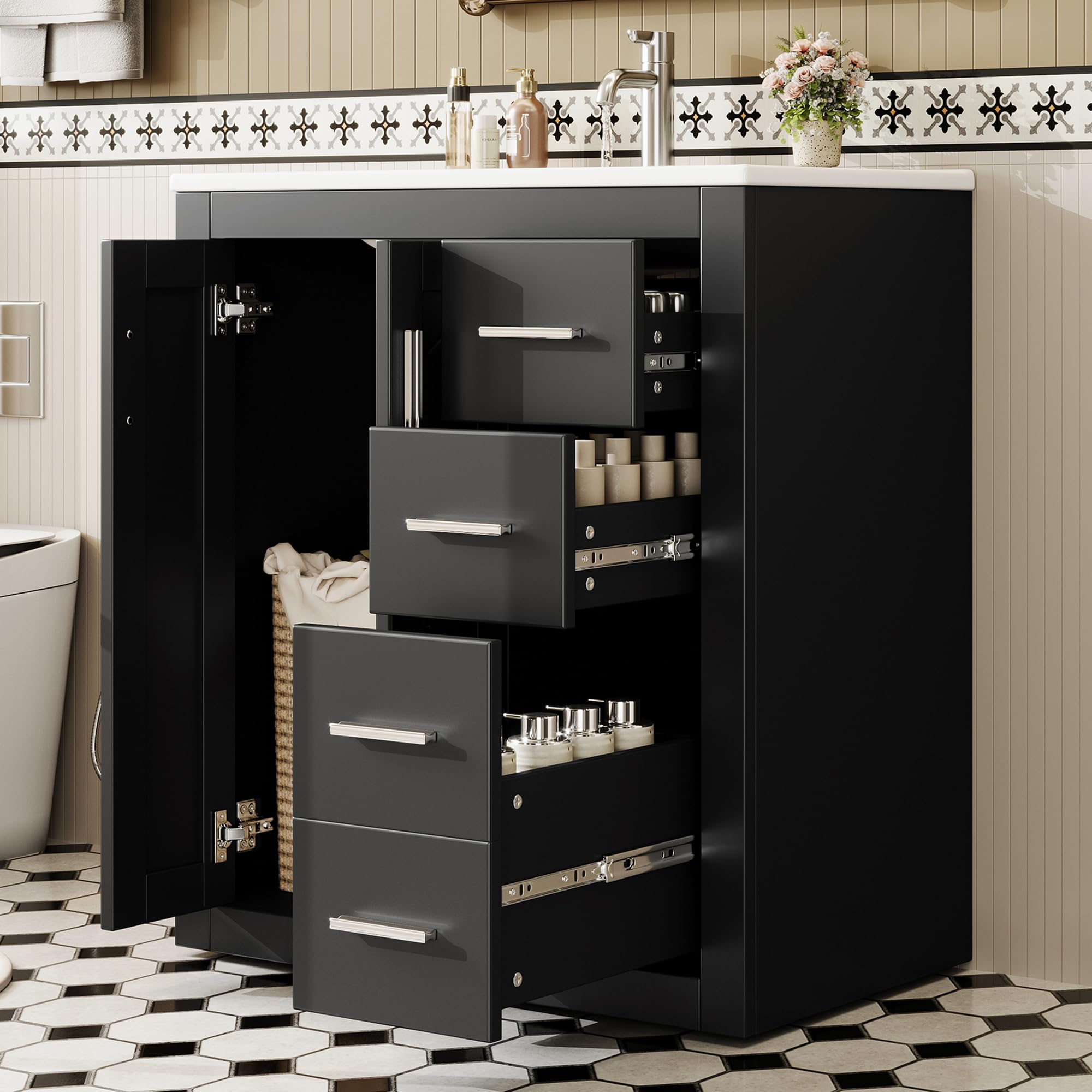 Merax Badezimmerschrank mit Waschbecken, komplett lackiert, DREI leise Schubladen + Doppeltüren, Soft-Close Scharniere für große Familien, Waschtisch, freistehend, Schwarz/76x46.5x85.5cm