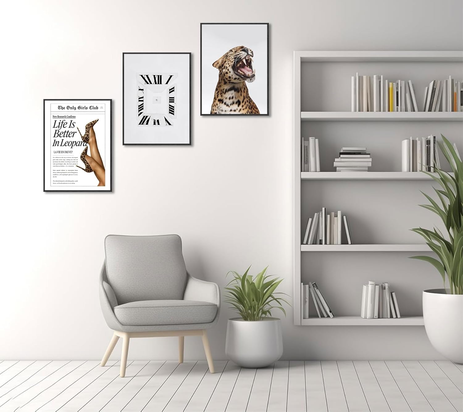 3Pcs Trendy Leopard Canvas Wall Art Vintage Newspaper Leopard Boots Paintings Pictures Fashion Preppy Wall Decor Abstract Clock Prints for Living Room Apartments Dorms Home Decoration 16x24in Unframed