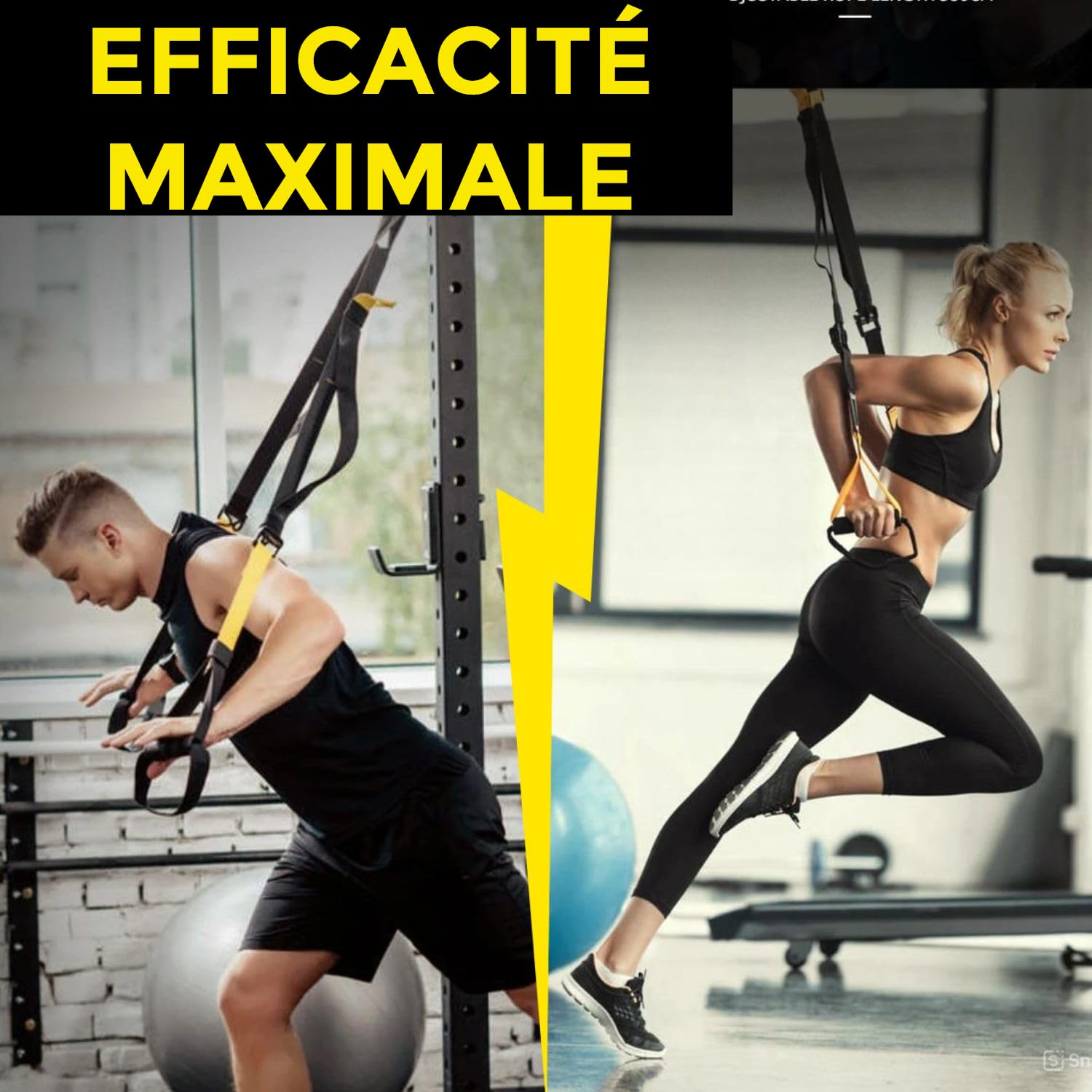 Sangles de suspension (fixation murale et de porte incluse), roulette abdominaux et bande élastique musculation. Appareil de musculation avec roue abdominale, bande élastique et sangle suspension